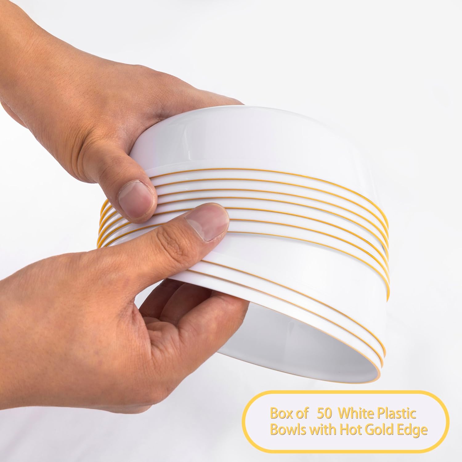 I00000 50 Pack White Plastic Bowls with Gold Rim,16 oz Disposable Soup Bowls,Premium Heavy Plastic Serving Bowls Ideal for Wedding & Party - Image 8