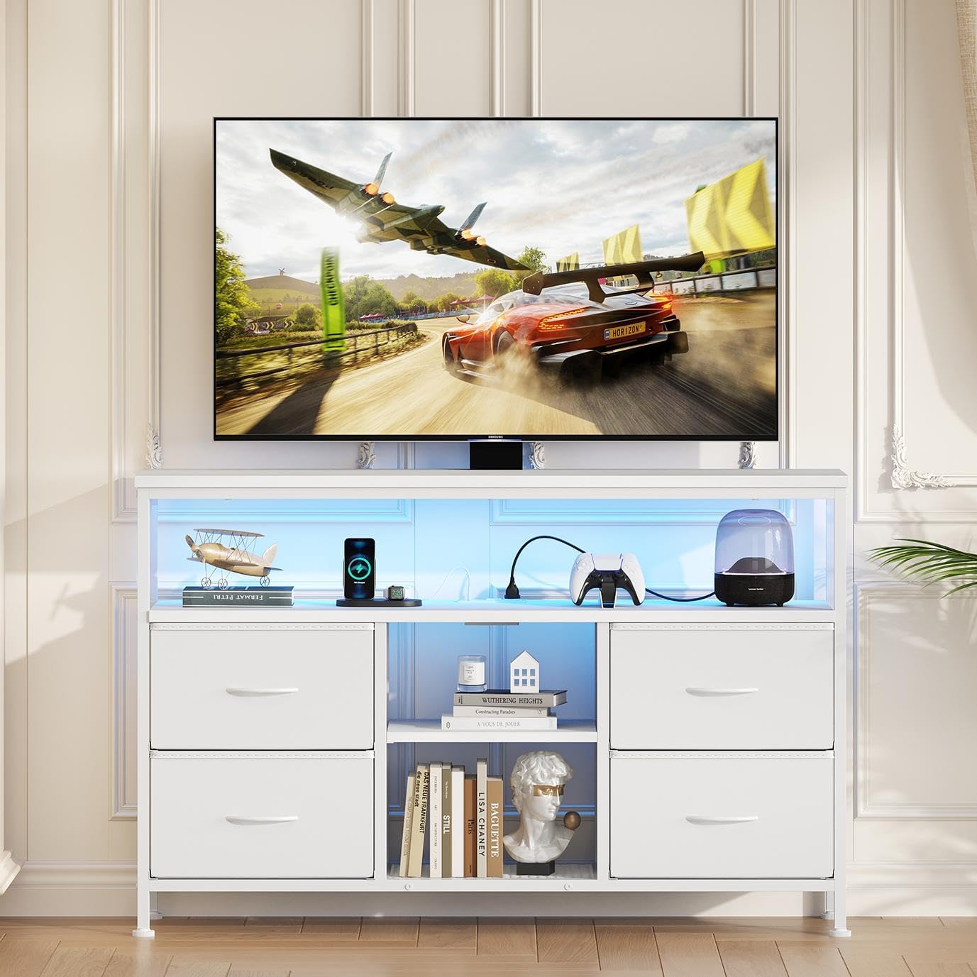 Sweetcrispy TV Stand Dresser for Bedroom 4 Drawers Entertainment Center with LED Lights and Power Outlets Media Console for 50 Inch TV Living Room Furniture with Open Shelf Adjustable Feet, White