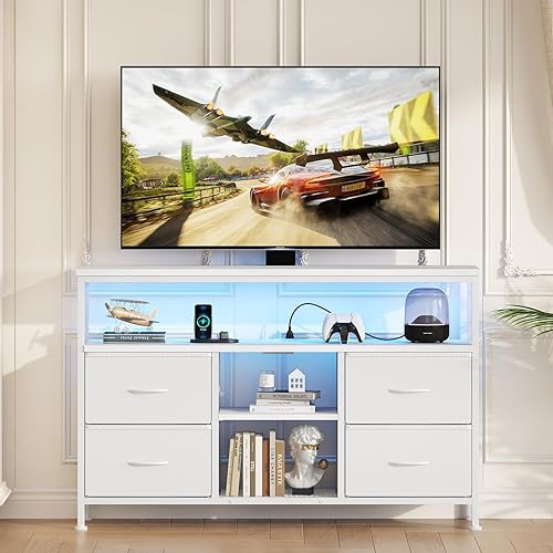 Sweetcrispy TV Stand Dresser for Bedroom 4 Drawers Entertainment Center with LED Lights and Power Outlets Media Console for 50 Inch TV Living Room Furniture with Open Shelf Adjustable Feet, White