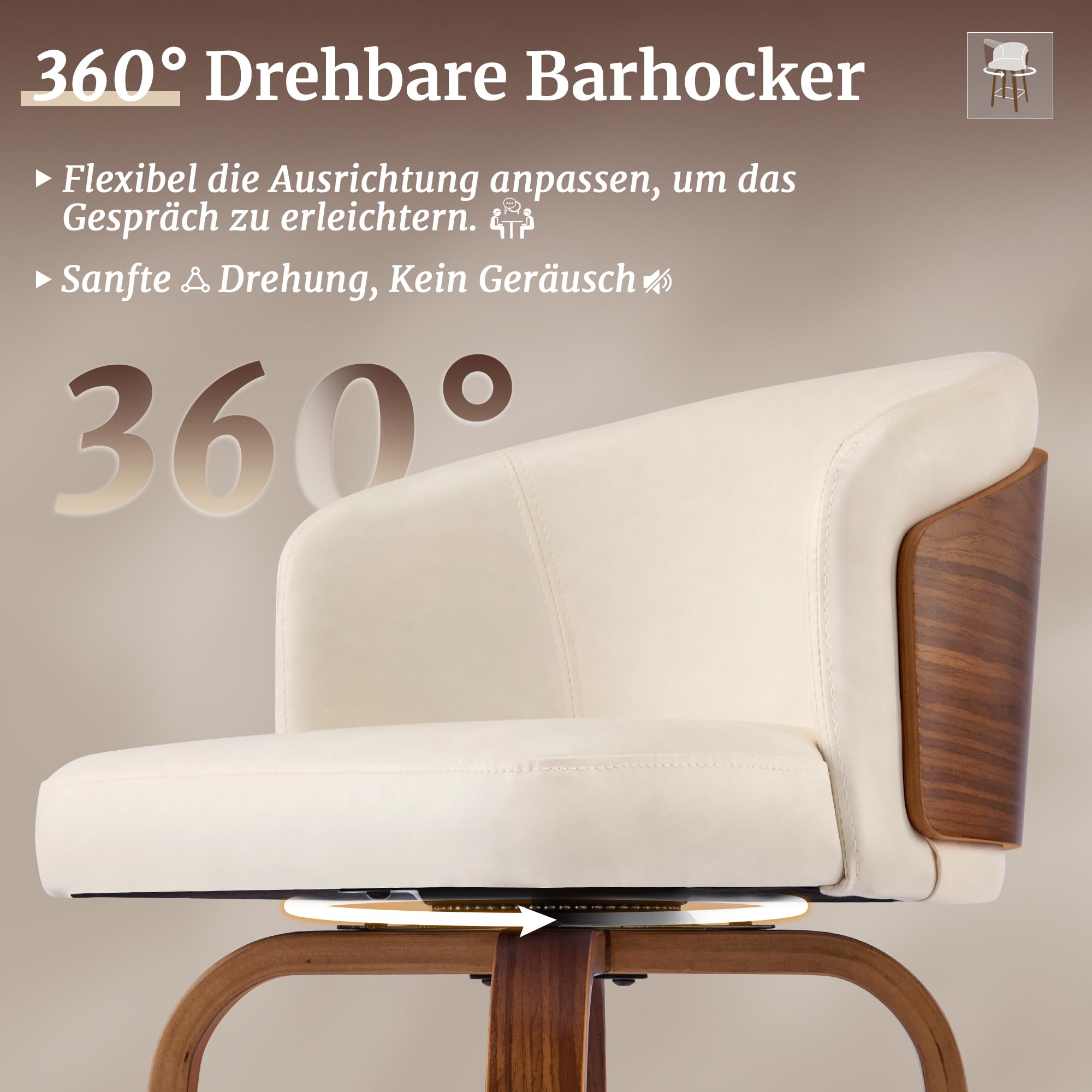 LUE BONA Barhocker 2er Set, 360° drehbarer Barhocker mit Lehne, 65cm Sitzhöhe, Kunstleder & Massivholz, Barstuhl mit Holzbeine und Fußstütze, Barstühle für Bar, Esszimmer, Kücheninsel, Cremeweiß