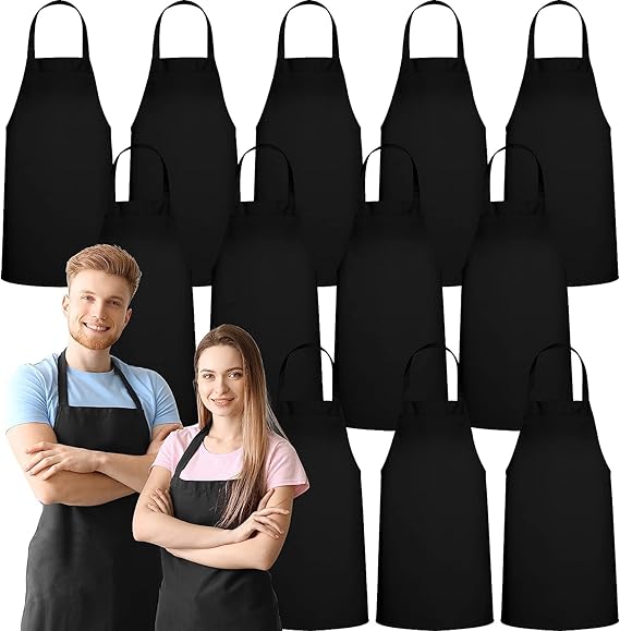 KBNBJ 12 Pack Bib Apron - Unisex Black Aprons, Machine Washable Aprons for Men and Women, Kitchen Cooking BBQ Aprons Bulk (Pack of 12, 2 Pockets,)