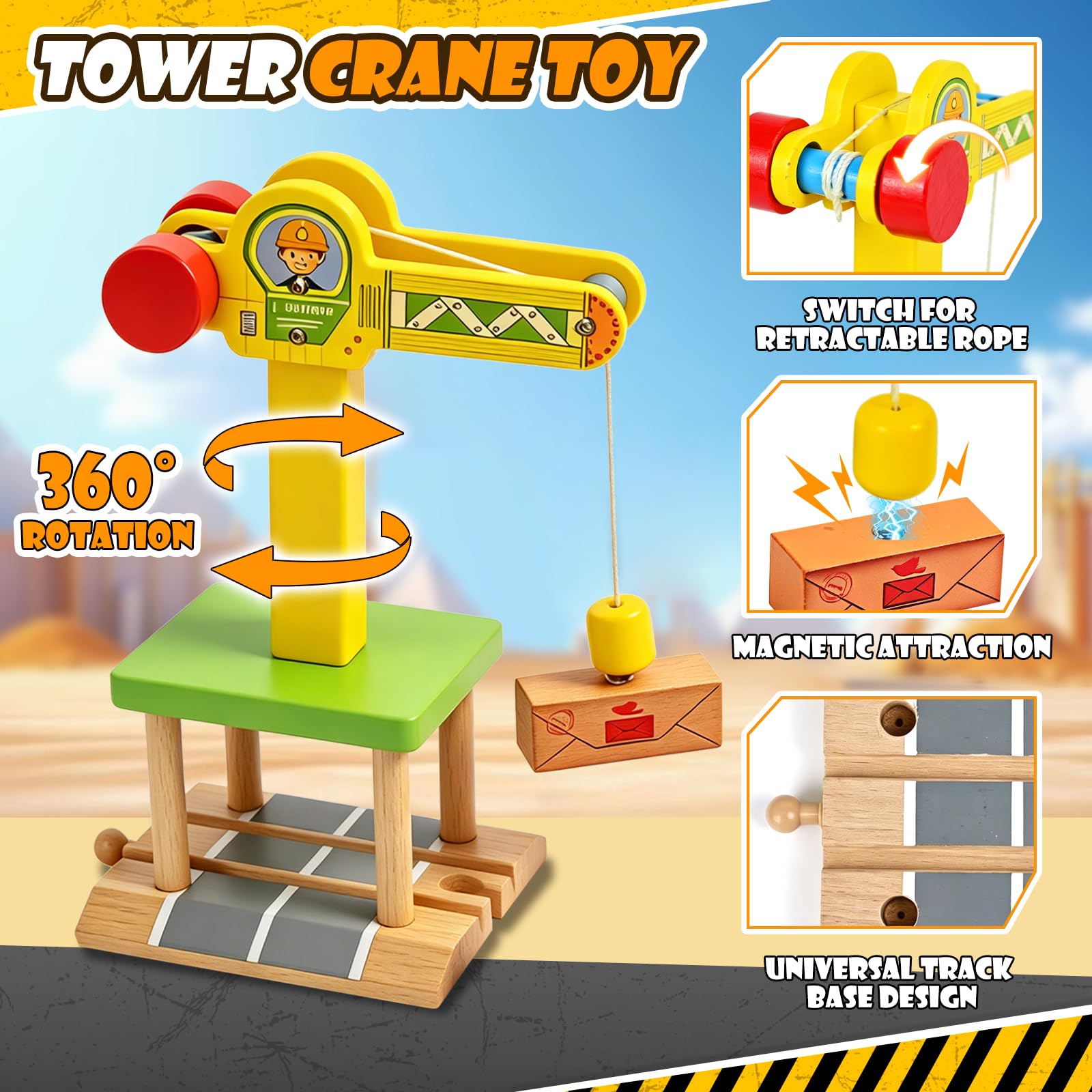 Joellfuner Veicoli Da Cantiere Giocattolo in Legno, Bambini Set di Costruzioni Giocattolo con Gru a Torre, Escavatore, Rullo Compressore, Carro Attrezzi, Veicoli da Costruzione Regalo 2 3 4 5 Anni
