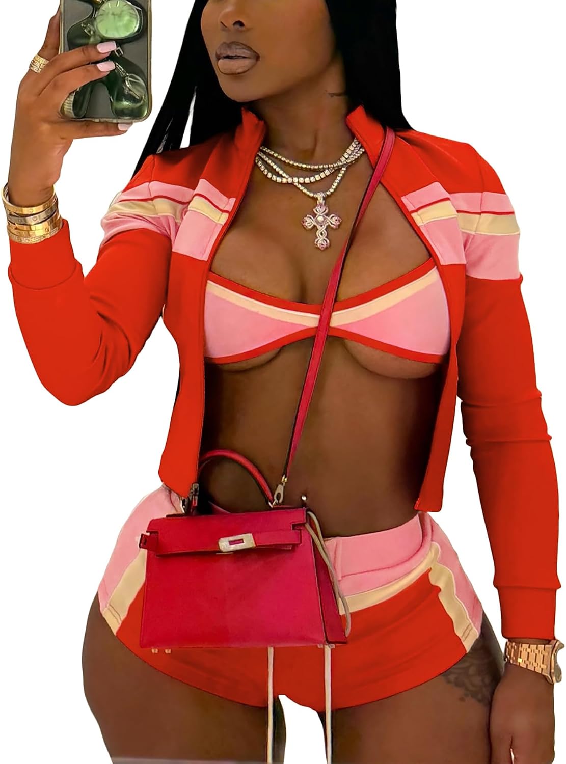 Women Sweatsuit Color Block 3 Piece Outfits Long Sleeve Zipper Jacket and Lace-up Shorts with Bra Sets