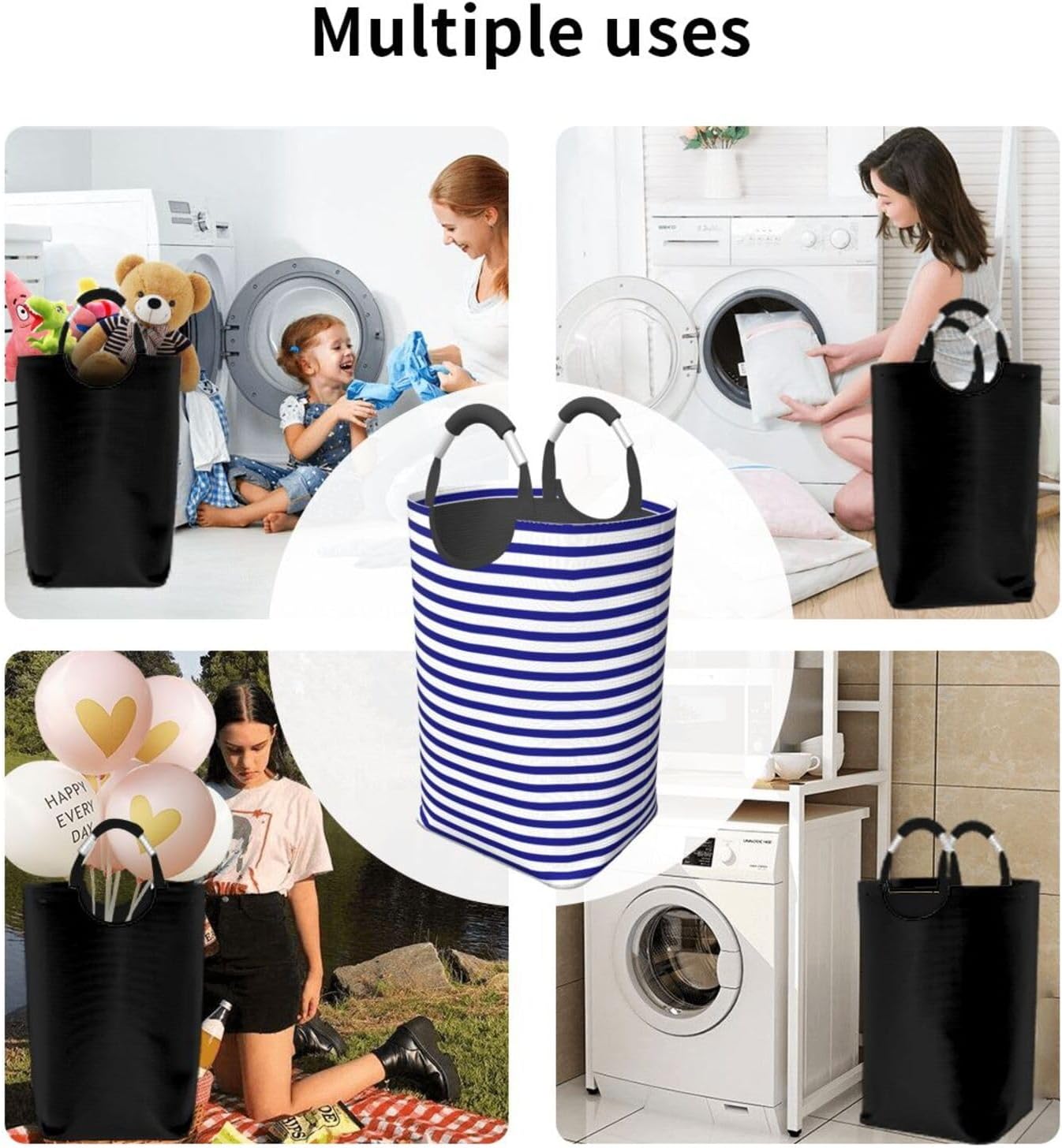 Large Laundry Basket, Navy Blue and White Striped Laundry Hamper Bag Collapsible Washing Bin With Handles for College Dorm, Family Essentials Storage