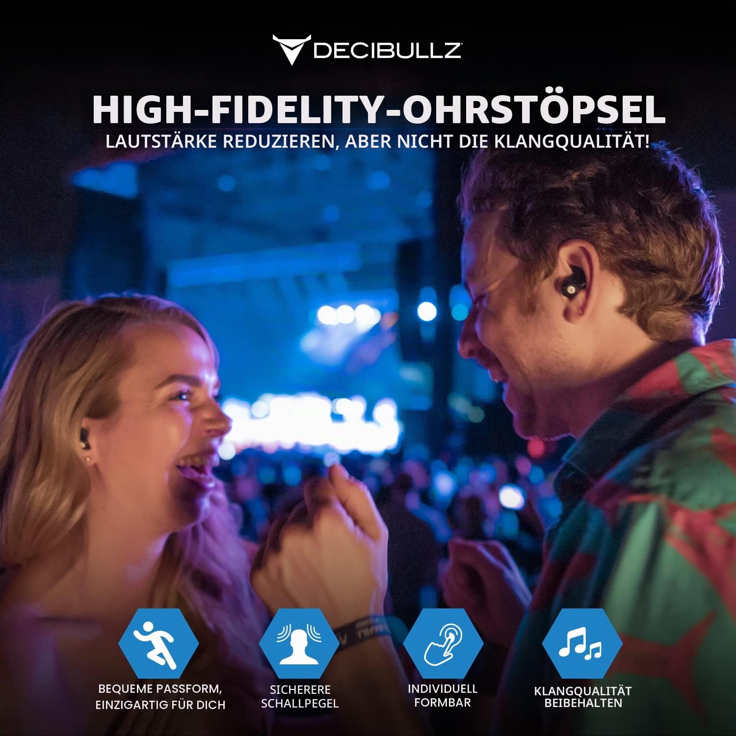 Decibullz – Custom Moulded High-Fidelity (Hi-Fi) Ohrstöpsel Filter für Konzerte und Veranstaltungen (Schwarz)