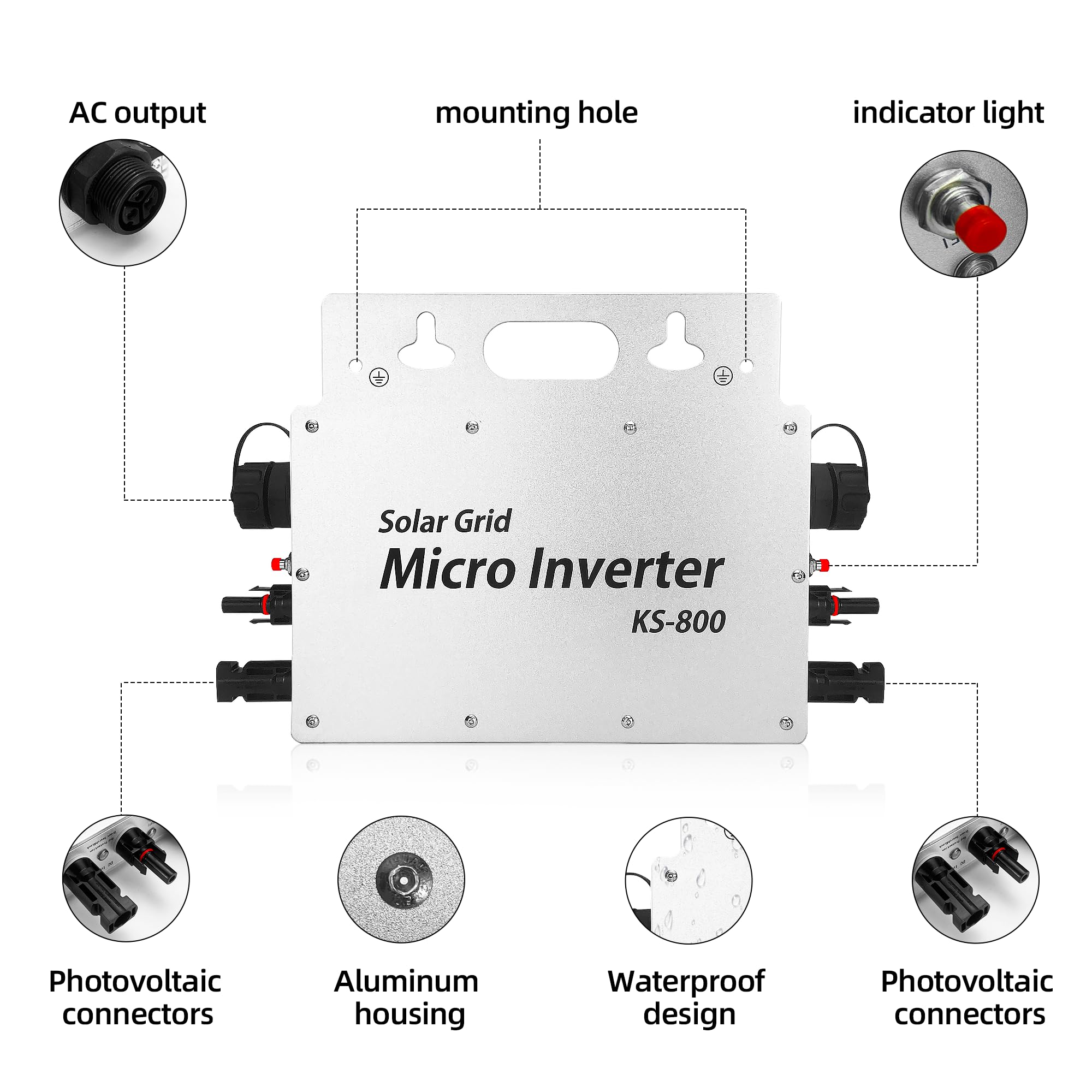 Centrale elettrica da balcone,800W Micro Inverter Solar Grid Tie con schermo di monitoraggio dati AC IP67 con App WLAN per 2 moduli solari per centrale elettrica da balcone