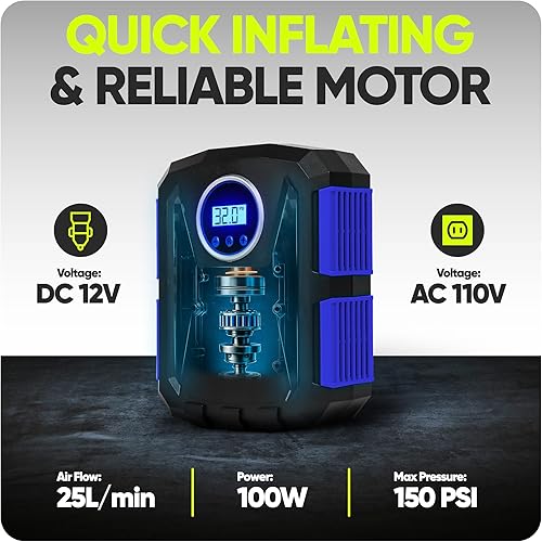 Miniatura 5 de FORTEM Tire Inflator Portable Air Compressor, Air Pump for Car Tires and Bikes, Car Tire Pump wAuto Shut Off, 150 PSI, 12V DC, LED Light, Carrying