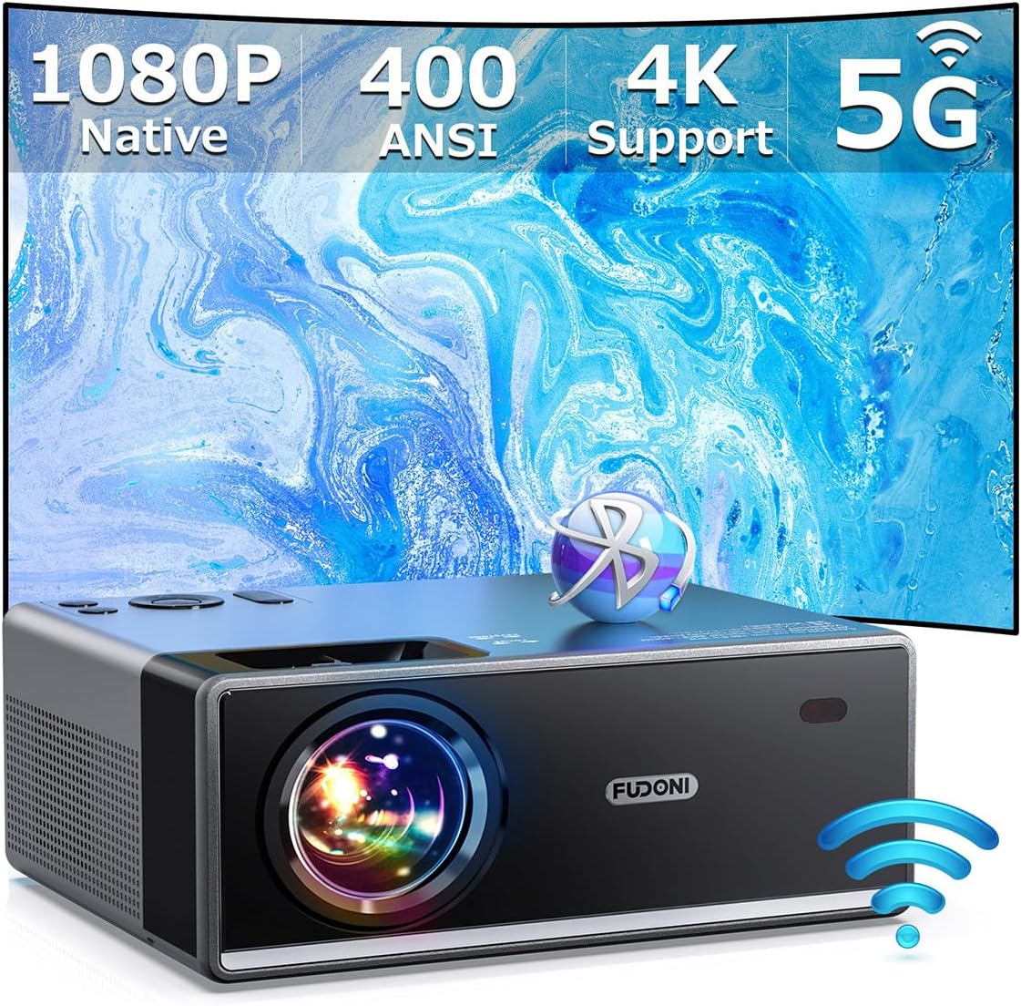 FUDONI Projector with 5G WiFi and Bluetooth, 1080P 15000L Outdoor Projector with HDMI and USB, Max 300" Display Zoom Function for Movies & Gaming, Compatible with TV Stick/Phone/Laptop
