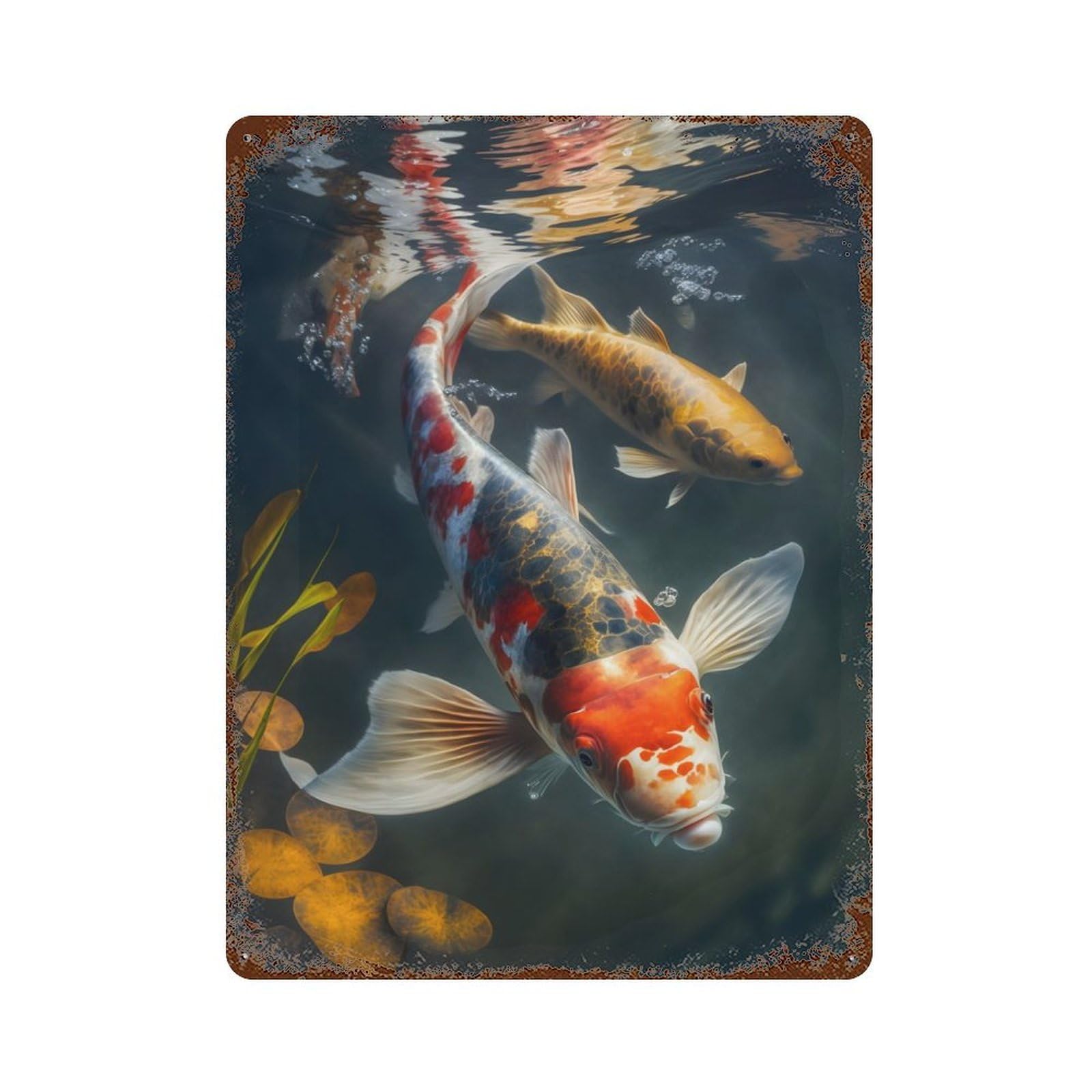 Garage Style Koi Fish Peaceful Waters Distressed Metal Wall Sign 15.7"x11.8", Novelty Wall Decor for Bar And Workshop
