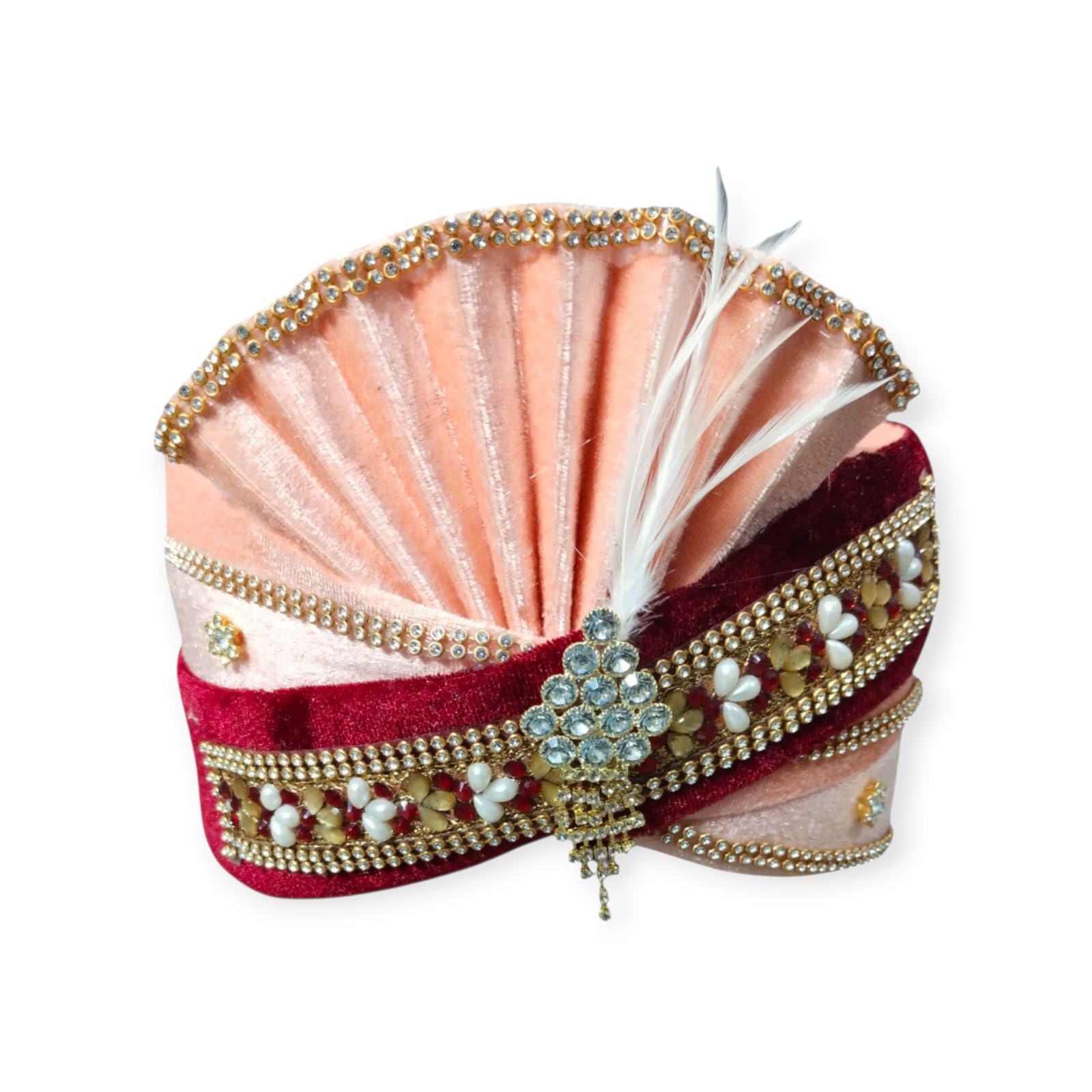 bhawani Peach Maroon Wedding Groom Pagdi with Pearl & Stone Work | Royal Safa Turban for Marriage & Reception Pack of 1-picture-13