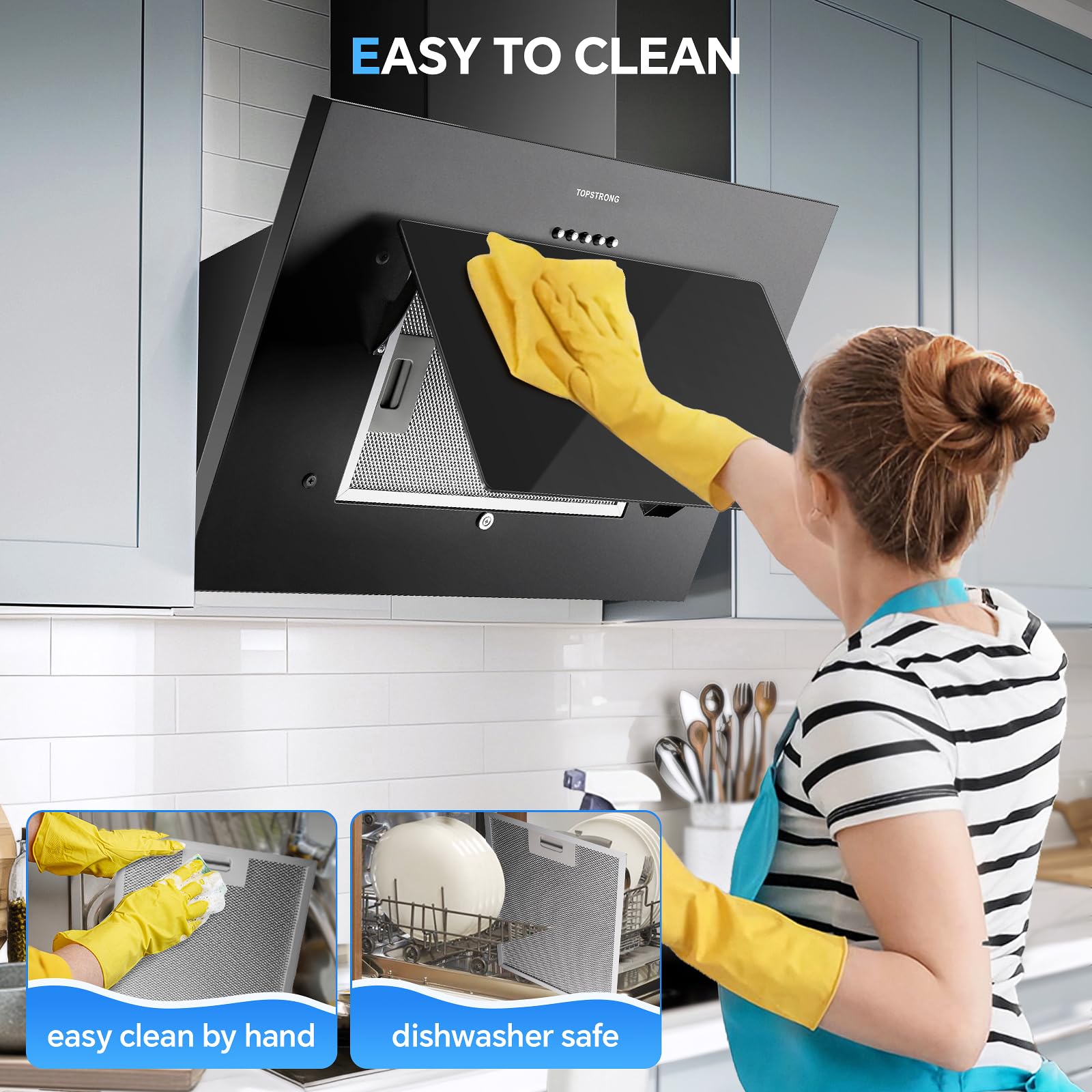 TopStrong Hottes Aspirantes 60cm, Class A++ Hotte Cuisine inclinée Silencieuse, 350m³/h Hotte aspirante Evacuation ou Recyclage, Filtres Charbon Inclus, 3 Vitesses Hotte, LED Eclairage, 56 dB, Noire