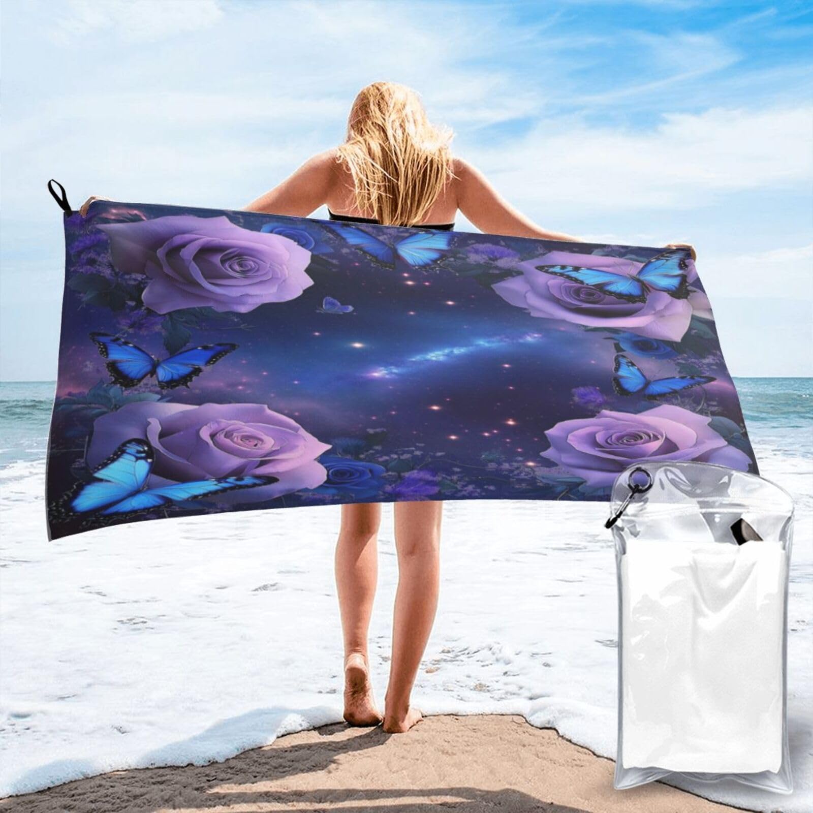 Anceky Dreamy Floral Butterfly Galaxy Border Quick Dry Microfiber Travel Towel with Carry Case and Carabiner 31.5"X63"