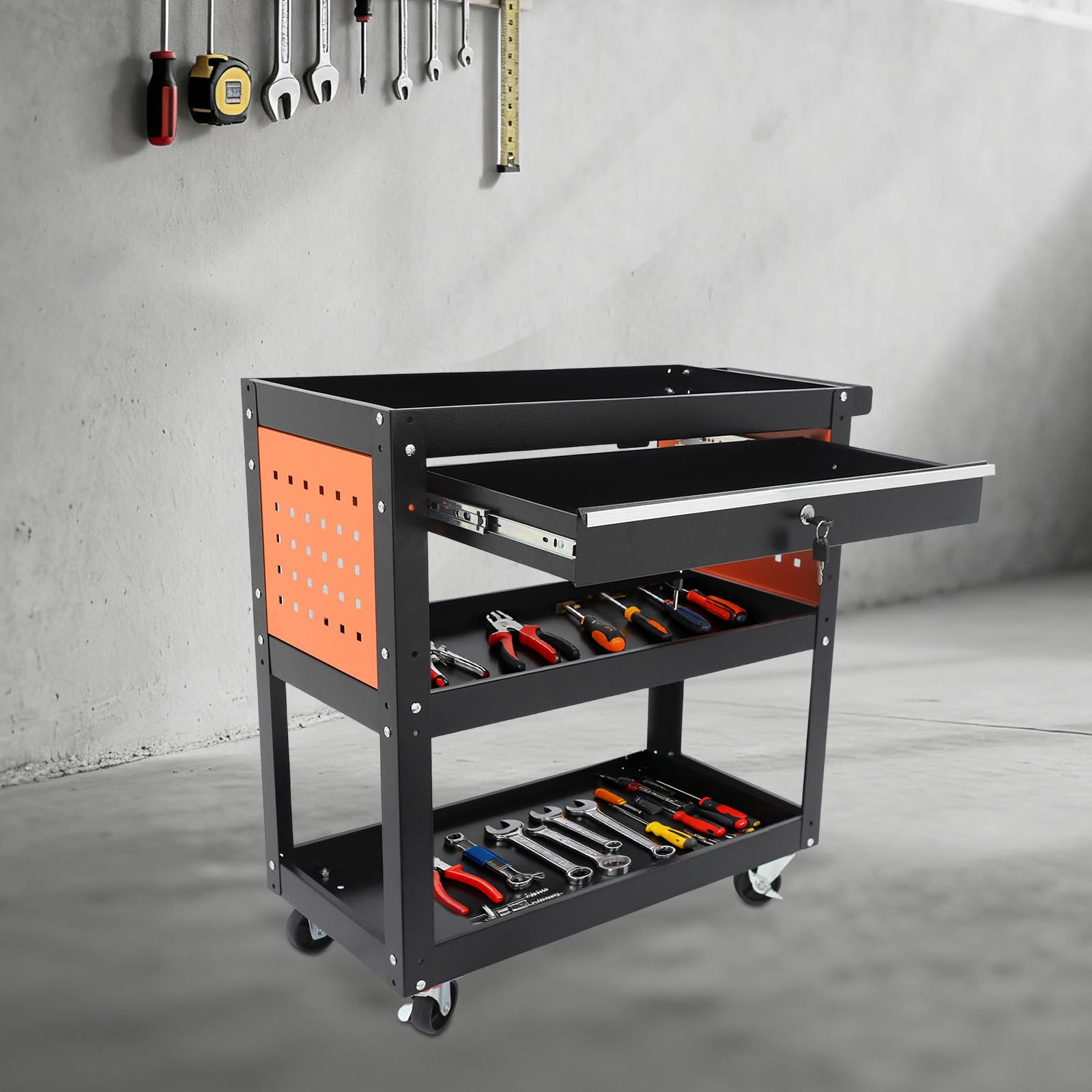 Carro de taller con 3 niveles, carro de taller con cajón y pared perforada, carro de herramientas con cerradura para taller, garaje y almacén, carro de servicio resistente