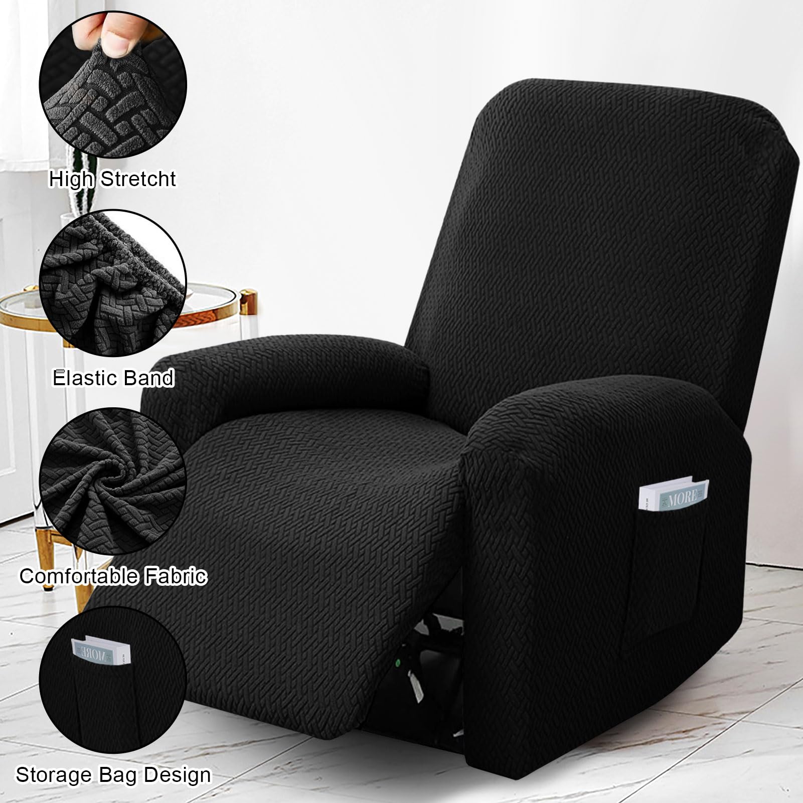 Coprisedia in 4 pezzi, coprisedia completa per poltrona relax, coprisedia per poltrona TV, coprisedia completa, fodera elasticizzata per poltrona con tasche (Nero-singolo sedile)