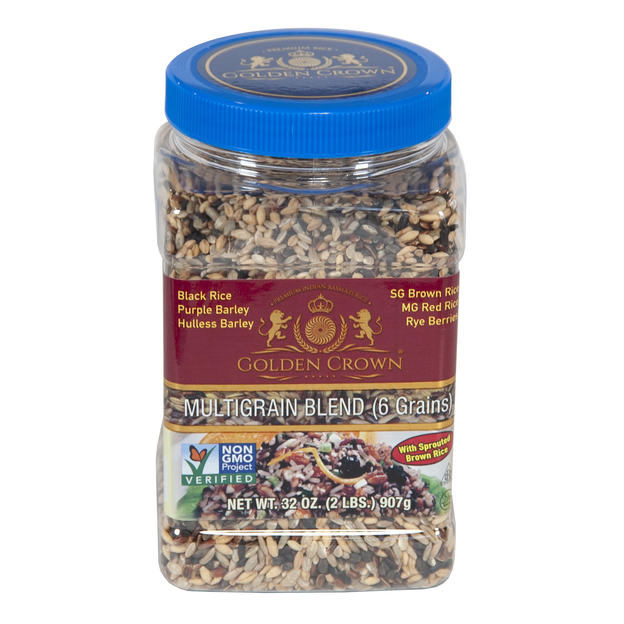 Golden Crown Multigrain Blend - (6 Grains) - 32 oz (2 LBS) | Premium Quality Naturally Fragrant | Sweet Flavorful for Vegetarian Black Brown Purple Hulless | Barley Rye Berries SG MG GMO-Free Rice