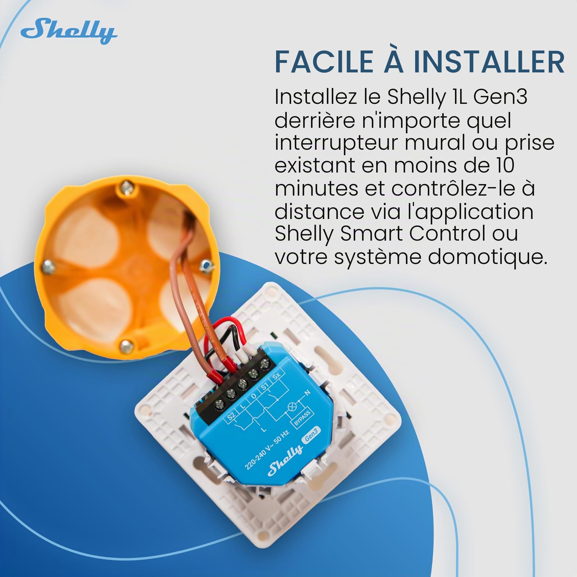 Shelly 1L Gen3 - Interrupteur connecté Wi-Fi 2.4 G, 1 canal 200 W, Fil Neutre non requis, Bypass 1L/2L inclus, Éclairage connecté, Contrôle à distance app, Compatible Alexa, Google Home, SmartThings