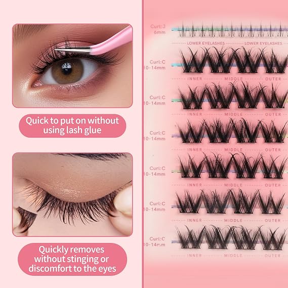 Self Adhesive Lash Clusters Kit Press-On Eyelash Clusters 10-14mm Cluster Lashes Glue Needed DIY Lash Extension Reusable with lash applicator Self Application at Home by MLEN DIARY (36 Pcs)