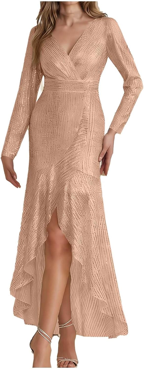 Womens Sequin Cocktail Dresses Trendy Wrap V Neck Sparkly Glitter Homecoming Clothes Slit Back Zip Wedding Guest Maxi Outfits