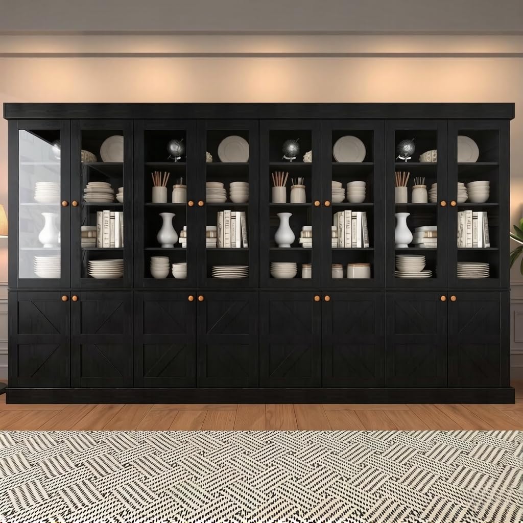 Vyre 71" Tall Farmhouse Kitchen Pantry, Set of 4 Large Storage Cabinets with Glass Doors, Adjustable Shelves, Wood Versatile Hutch Cabinet for Living Room, Dining Room, Black
