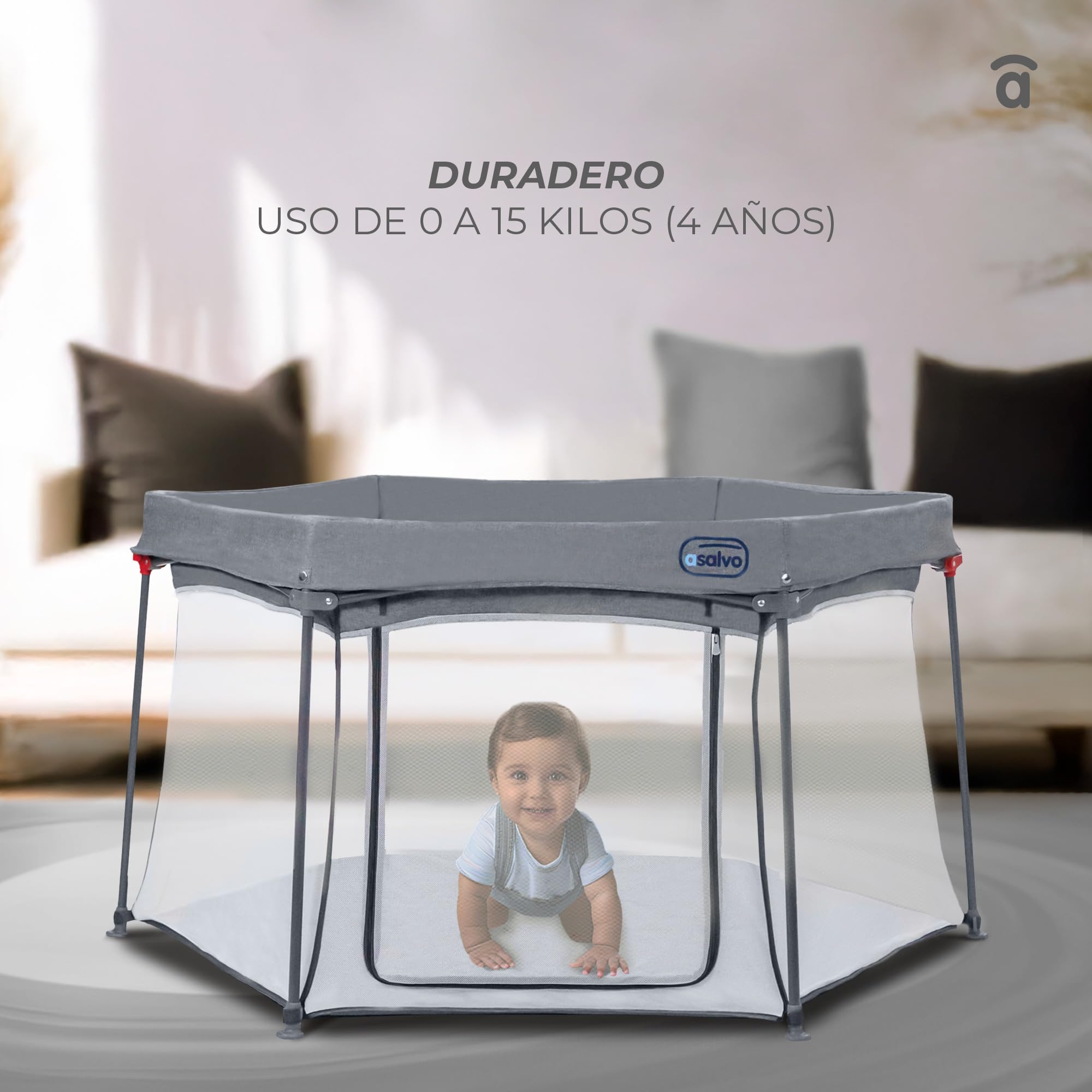 Asalvo LUXEMBURGO Parque Infantil Bebé Cuadrado y Plegable 150x150 cm, Corralito Bebe con Malla Transpirable, Parque de Juegos Bebe, Bolsa de Transporte, Fácil de Montar y Desmontar, Luxemburgo Gris