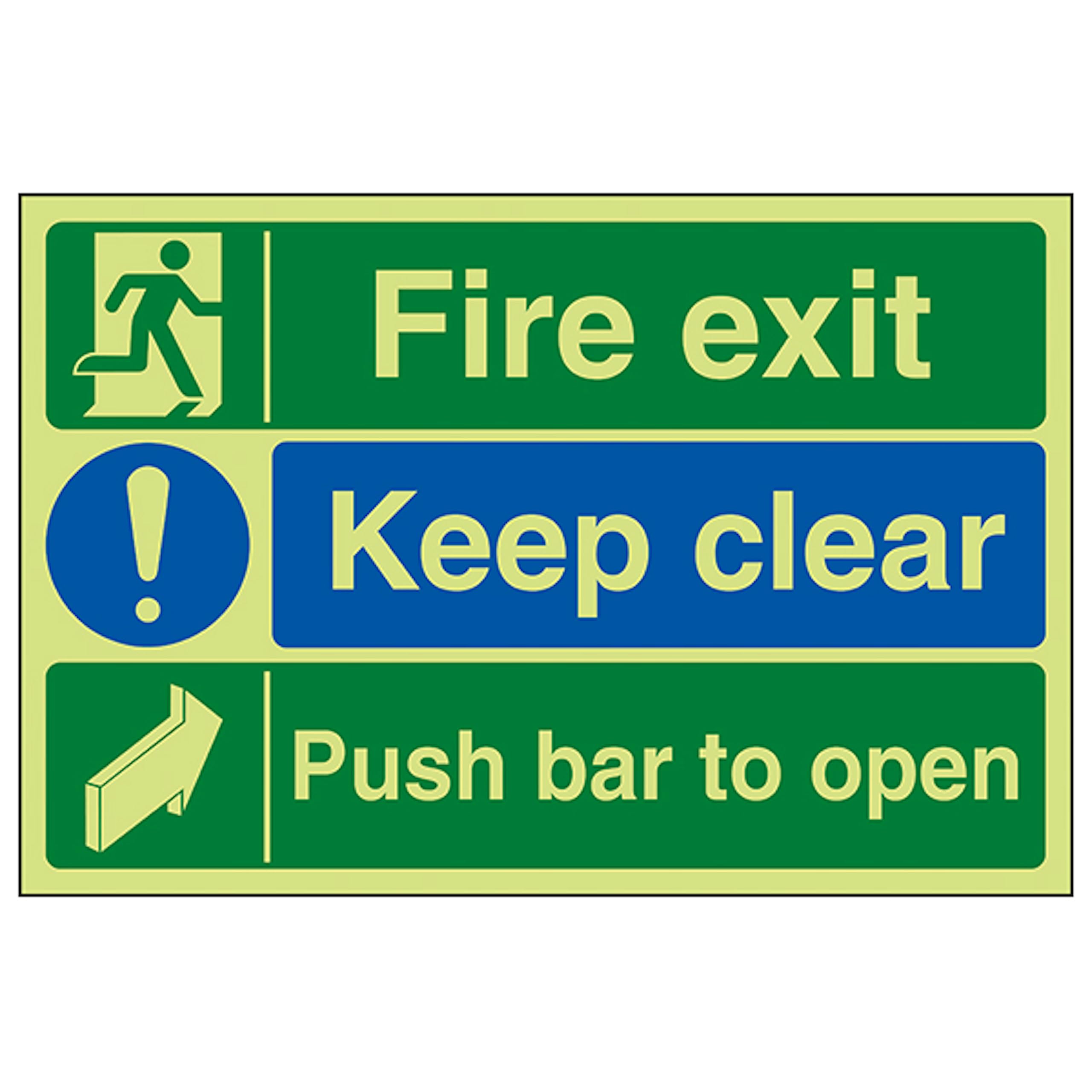 V Safety GITD Fire Exit/Keep Clear/Push Bar To Open 300 x 200 mm - Glow In The Dark 1mm Rigid Plastic Safety Sign