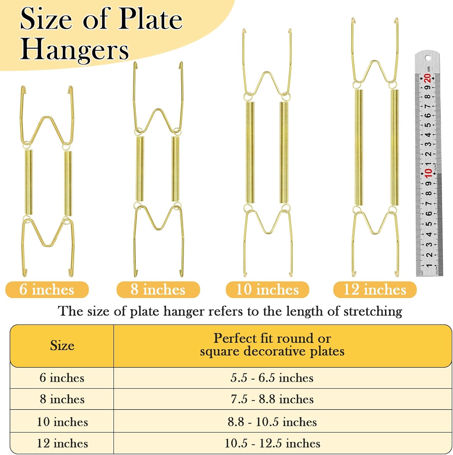 24 Pack Plate Hangers for Wall Display, 6/8/10/12 Inch Invisible Stainless Steel Plate Holders with Wall Hooks, Fit 5.5–12.5 Inch Decorative Plates, Plate Display Hangers for Home Wall Decor, Gold