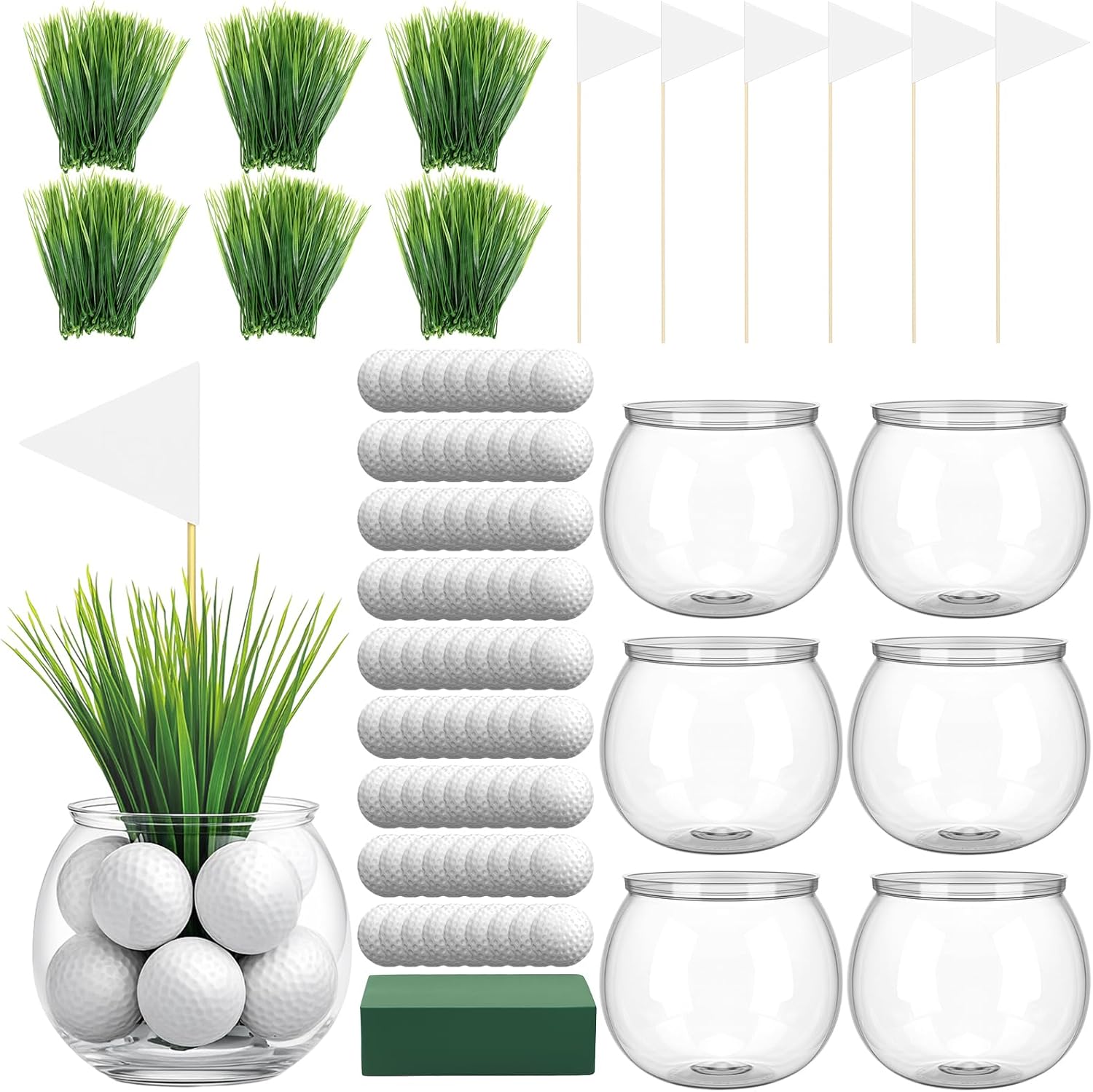 LemonRoad 6 Set Golf Party Table Centerpieces Decorations Include 6 Flower Pots 72 Hollow Golf Balls 6 White Flags 204 Artificial Grass 1 Flower Mud Sport Centerpiece for Sport Birthday Party Supplies