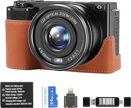 Cameras for Photography 12X Optical Zoom 64MP 4K Digital Camera with 1/2.8-Inch Sensor, Auto-Focus Video Camera Built-in Wi-Fi Includes 64GB Memory Card