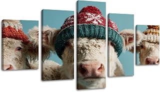 Weone Artwork 5 Panel Canvas Wall Art Magical Scene Three Cows Festive Red Green Hats Stretched & Framed Art Prints Modern Painting Wall Decoration Ready to Hang Unique Designed