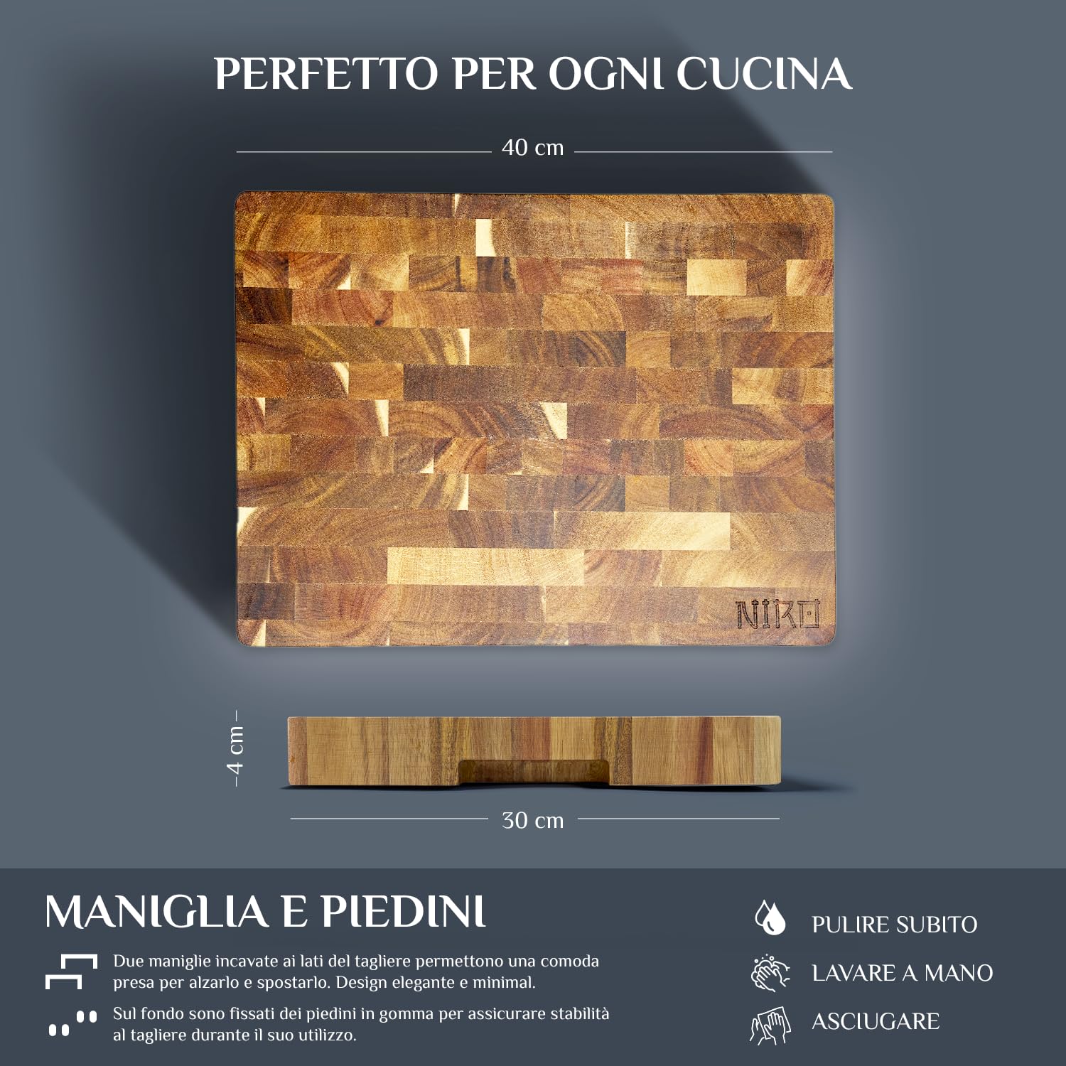 NIRO Tagliere da Cucina Professionale XL 100% Legno di Acacia Naturale, SPESSORE 4 CM, Dimensioni 40 x 30 x 4 cm, Atossico, Legno Massello Pregiato, Utilizzabile come Vassoio da Portata