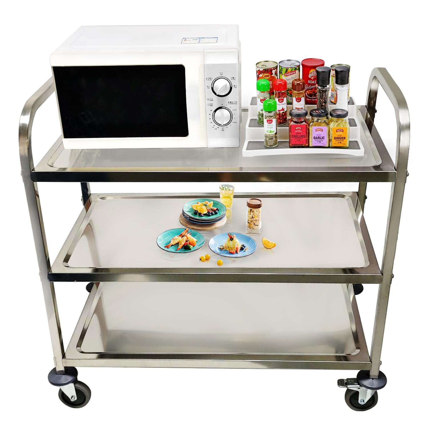 DRM Carrello da cucina a 3 ripiani, in acciaio inox, con ruote, per catering, cucina, auto