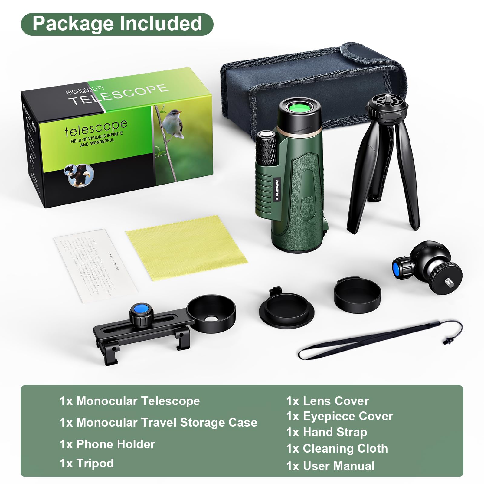 Telescopio Monocular, 12 x 50 HD Monocular para Movil, Monoculars,FMC BAK4 Prisma Monoculars, para observación Caza y Camping (Verde)