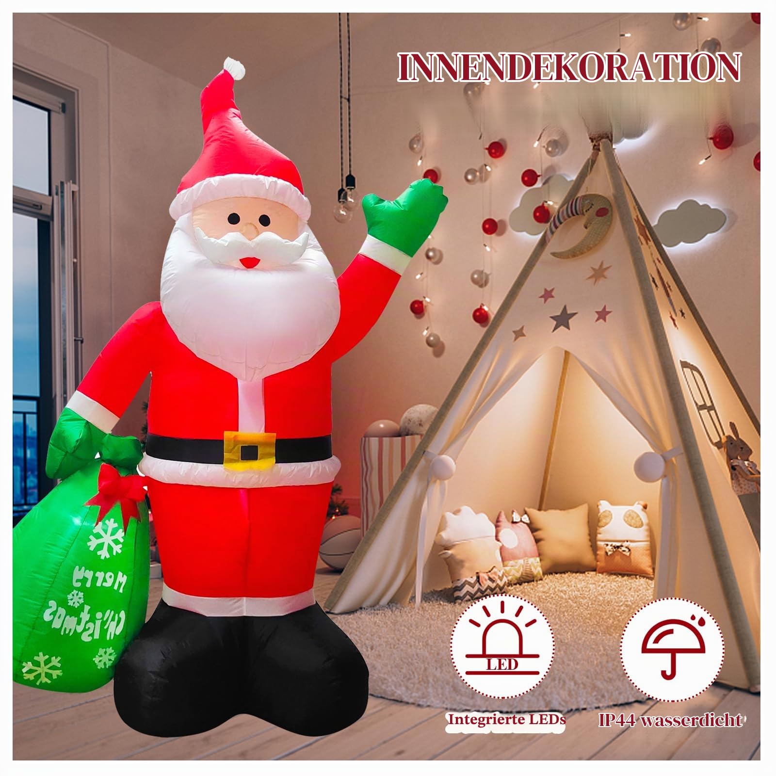 245cm Aufblasbar Weihnachtsmann mit LED Lichtern | 8 FT Aufblasbar Weihnachtsdeko IP44 Wasserdichter Christmas Santa Riesen Figur mit Geschenken Innen Außen Beleuchtung Deko für Garten Rasen Hof