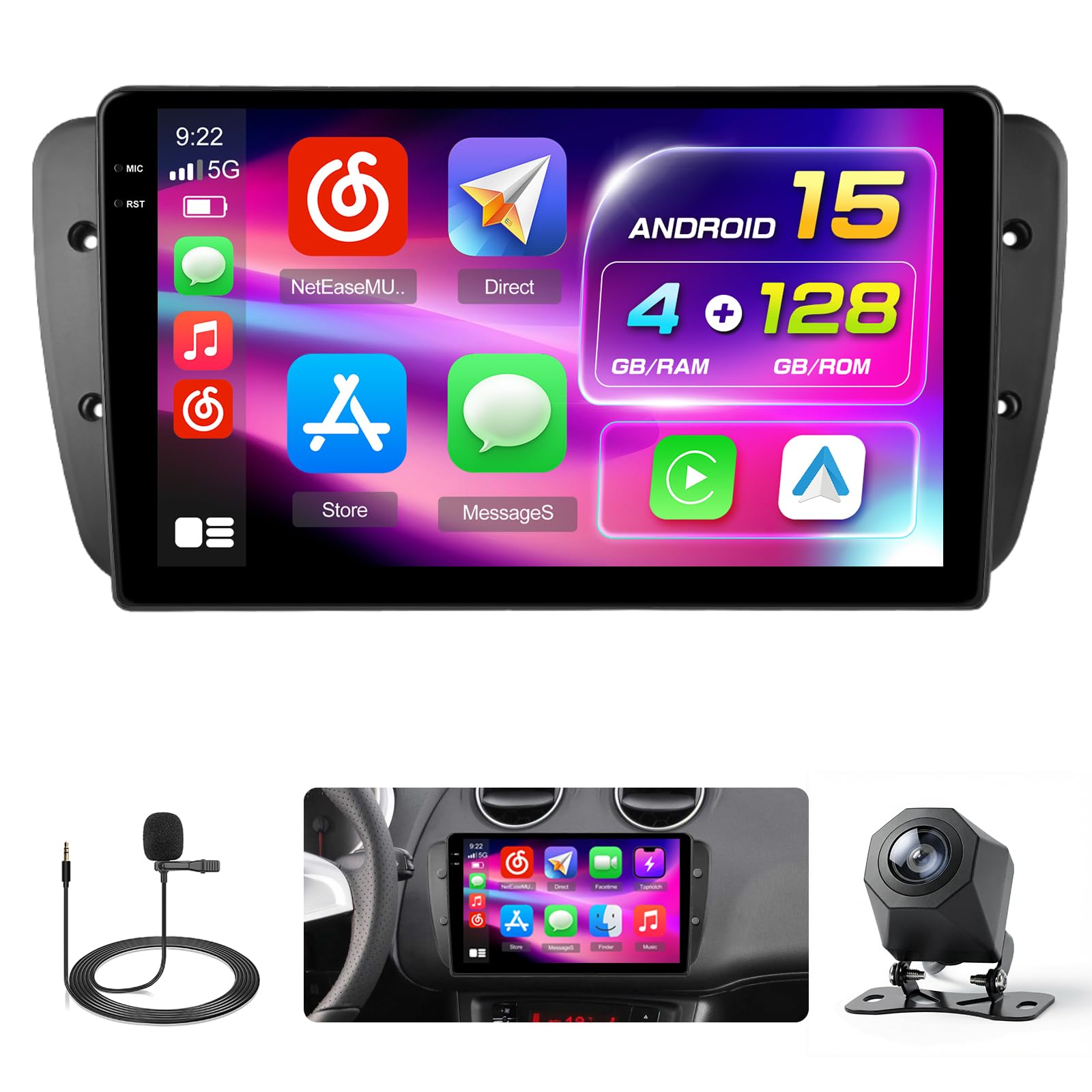 Hikity Radio samochodowe 4+128G do Seat Ibiza 6J 2009-2013, ekran 9" radia z bezprzewodowym odtwarzaczem CarPlay Android Auto Bluetooth Navi GPS WiFi EQ USB