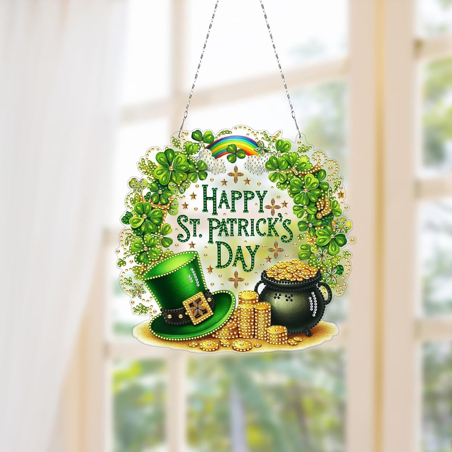 2Pcs DIY Diamond Art Painting Pendant Ornament St. Patrick's Day Four-Leaf Clover Wreath Hanging Double Sided Pattern Single Sided Dot Drill for Home Garden Wall Door Decor-Wreath