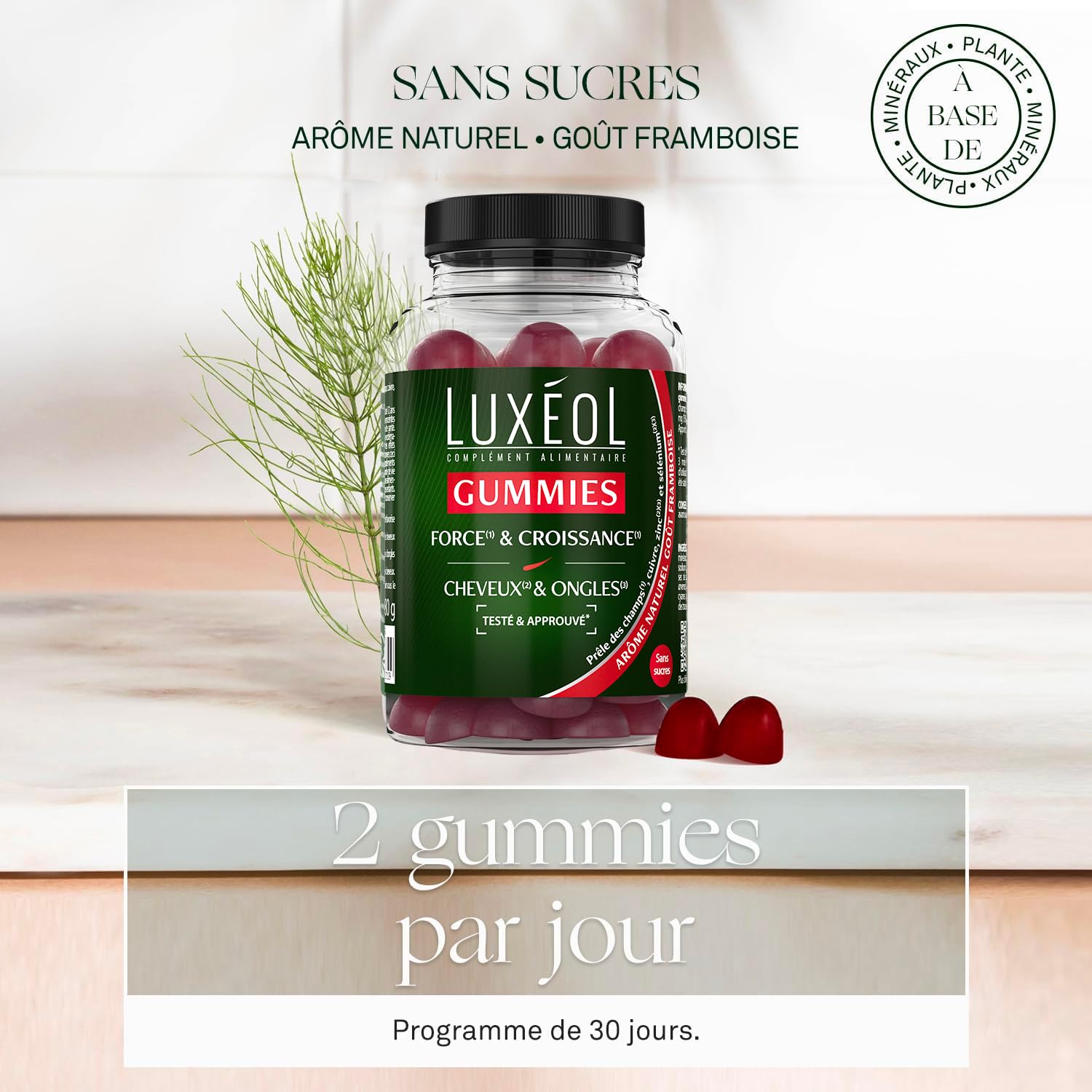 LUXÉOL - Gummies Force & Croissance - Cheveux(2) & Ongles(3) | Complément Alimentaire - Croissance(1) - Arôme Naturel Goût Framboise - Sans Sucres - Fabriqué en France - Environ 60 gummies