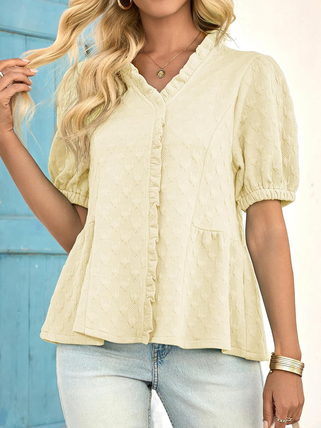 Cicy Bell Womens Peplum Puff Sleeve Tops Dressy Casual Summer Textured Blouses V Neck Ruffle Pleated Shirts - Image 2