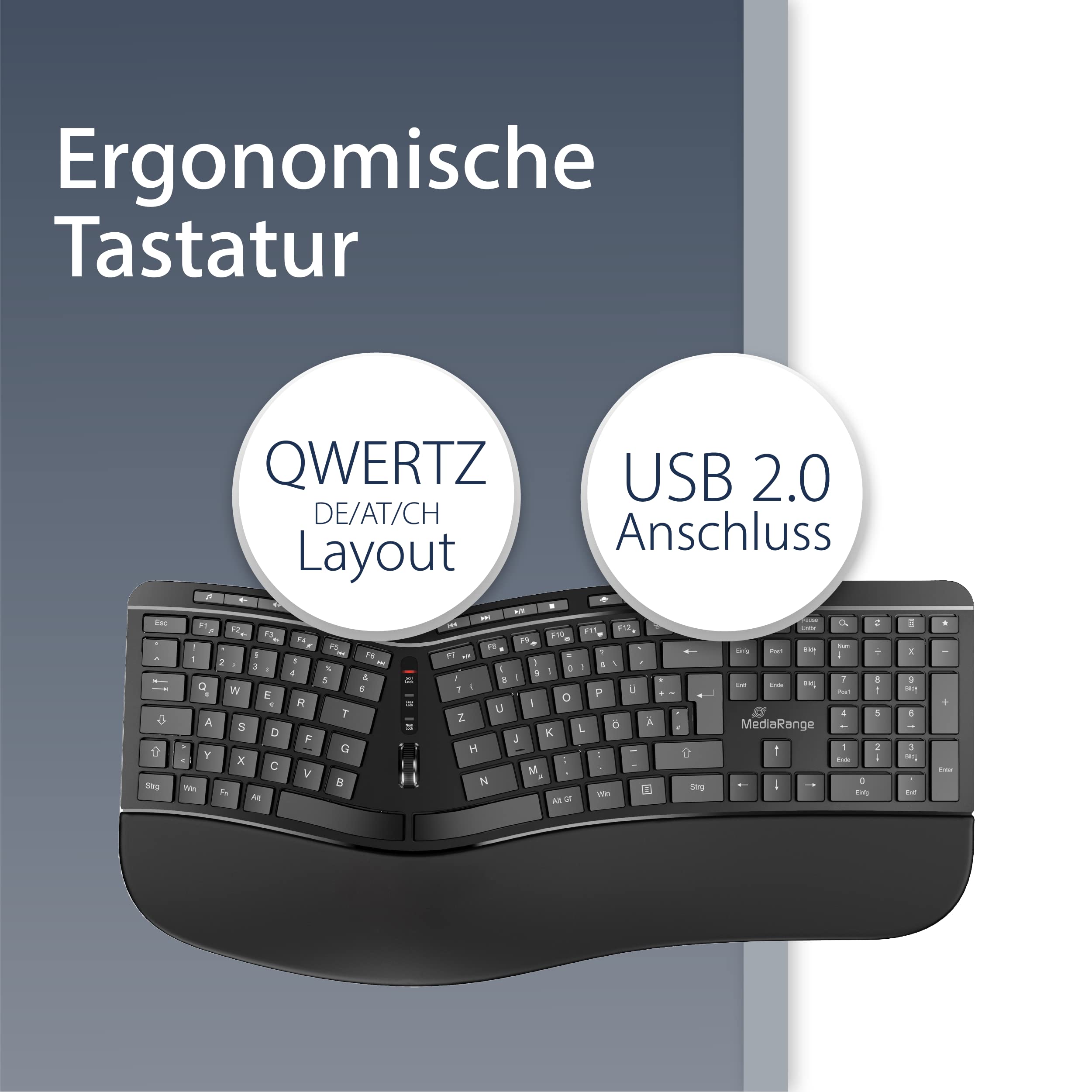 MediaRange Ergonomic Keyboard, Wired Multimedia Keyboard with 124 Keys and Scroll Wheel, German QWERTZ Layout, Splash-Proof & Height-Adjustable, Black