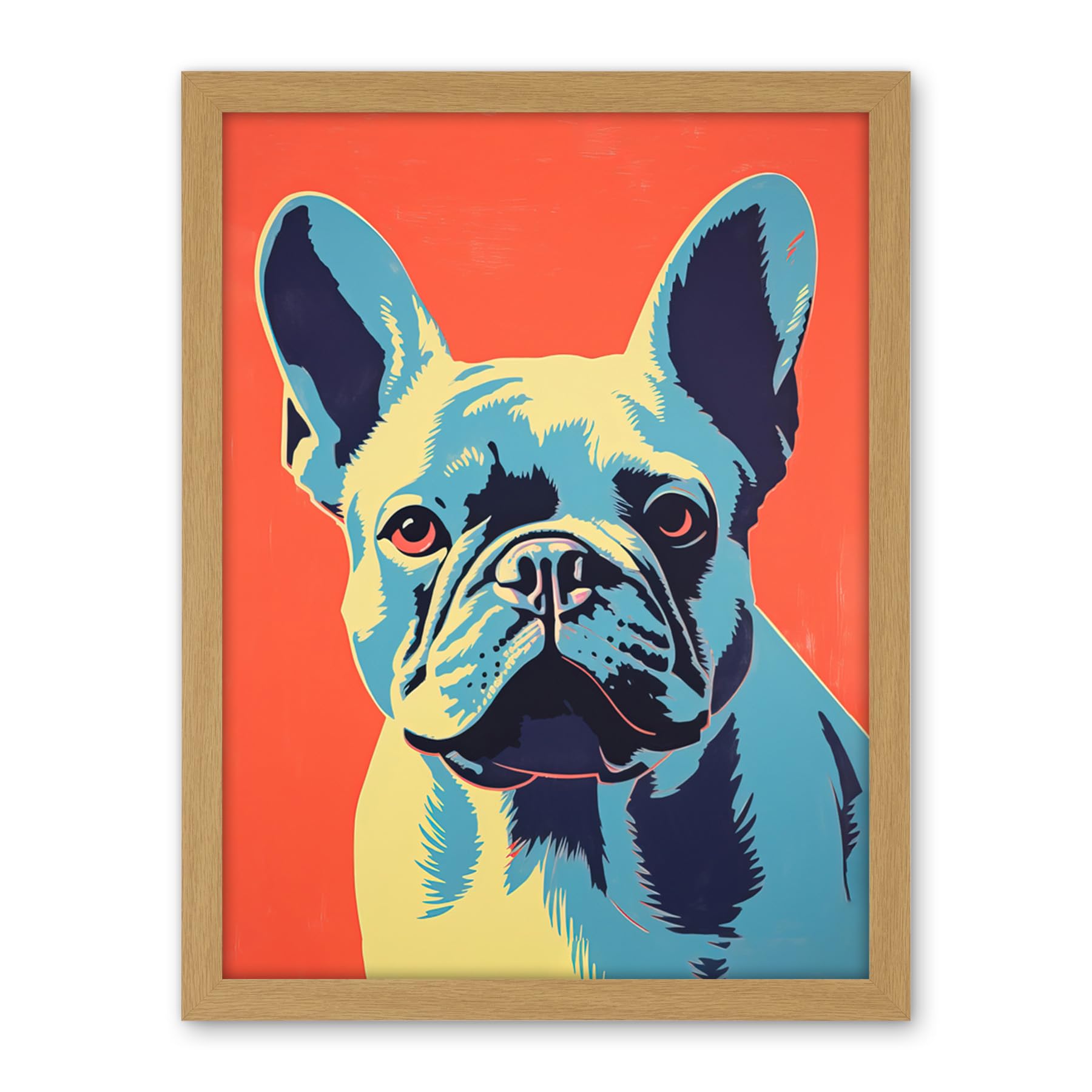 Artery8 French Bulldog Colour Block Artwork Coral Orange Blue Vibrant Pet Portrait Cute Artwork Framed Wall Art Print 18X24 Inch