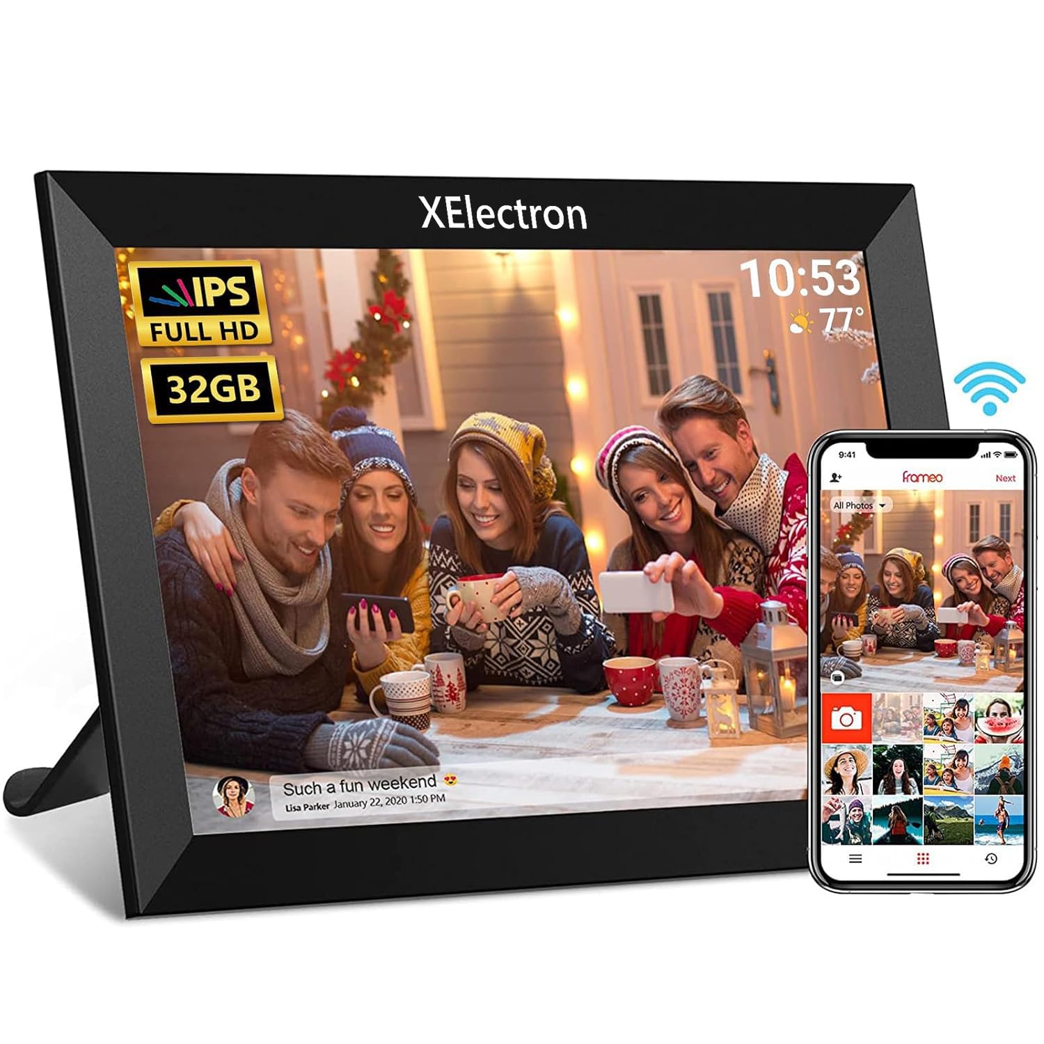 10.1 inch WiFi Digital Photo Frame with Slideshow, Video & Sound HD IPS Touch Screen, Smart Cloud Picture Frame with 16GB Internal Memory, Easy to Share via Frameo App Auto-Rotate