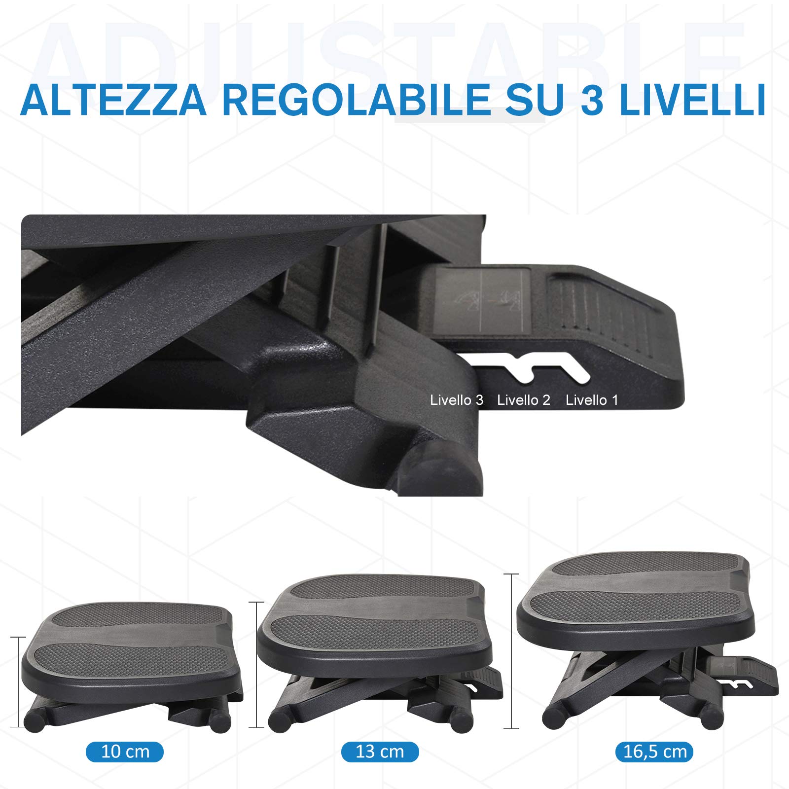 HOMCOM Pedana Poggiapiedi da Scrivania o Ufficio, Antiscivolo con Altezza Regolabile (10-16.5cm) e Angolazione 0-30°