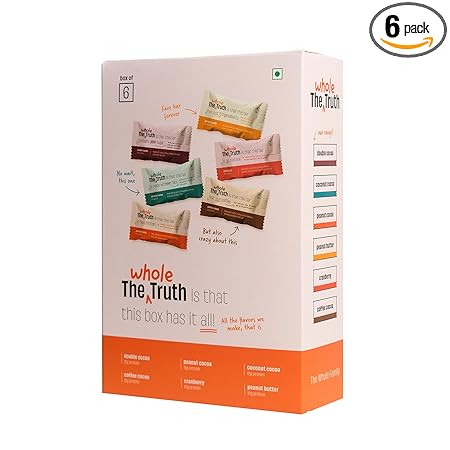 The Whole Truth - Protein Bars | All-in-One | Pack of 6 x 52 g each | No Added Sugar | No Preservatives | No Artificial Sweeteners | No Gluten or Soy | All Natural Ingredients | Six Different Flavours