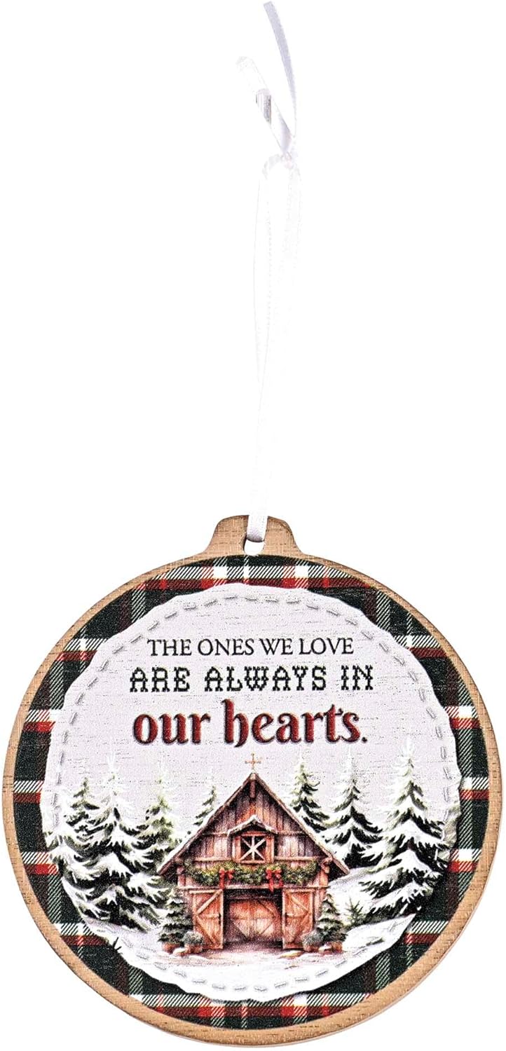 Dicksons Decorative Holiday Hanging Christmas Tree Ornament 4 x 4.25 Inch MDF Always in Our Hearts Cabin