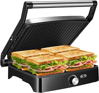 OSTBA 4-Slice Panini Press Grill: Adjustable Temp 120-428°F, 180° Open Indoor Grill, Non-Stick Plates, Drip Tray, 1200W Stainless Steel