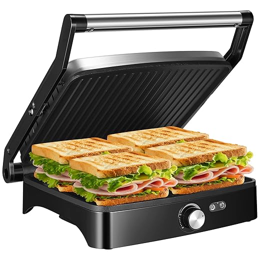 OSTBA Sandwich Maker, Toaster and Electric Panini Press with Non-stick plates, LED Indicator Lights, Cool Touch Handle, Black
