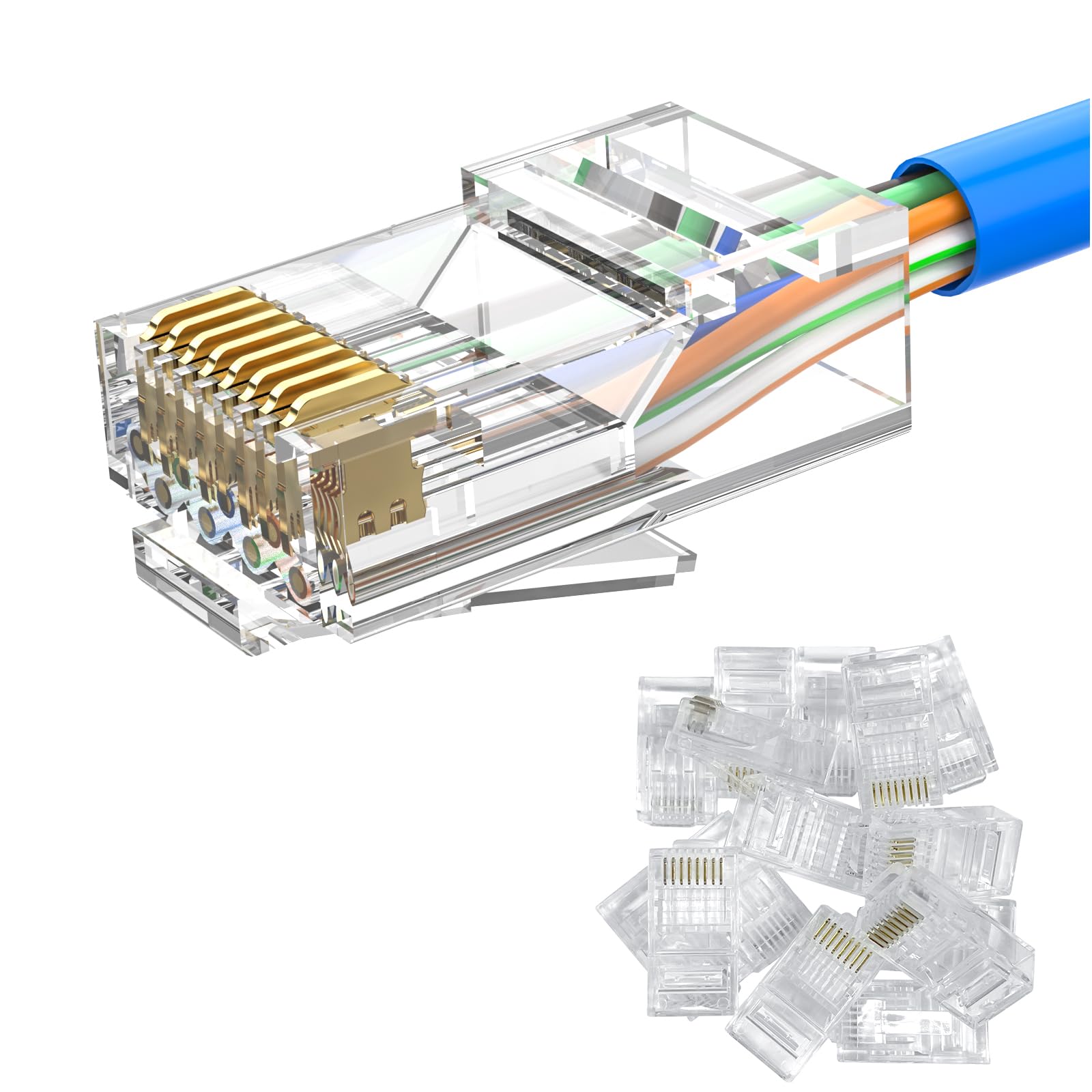 MOGOOD 10 Pezzi Connettori RJ45 Cat6 10Gbps, Contatti Placcati in Oro, Connettori a Crimpare Compatibili con Cavi Ethernet Cat6 e Cat5e