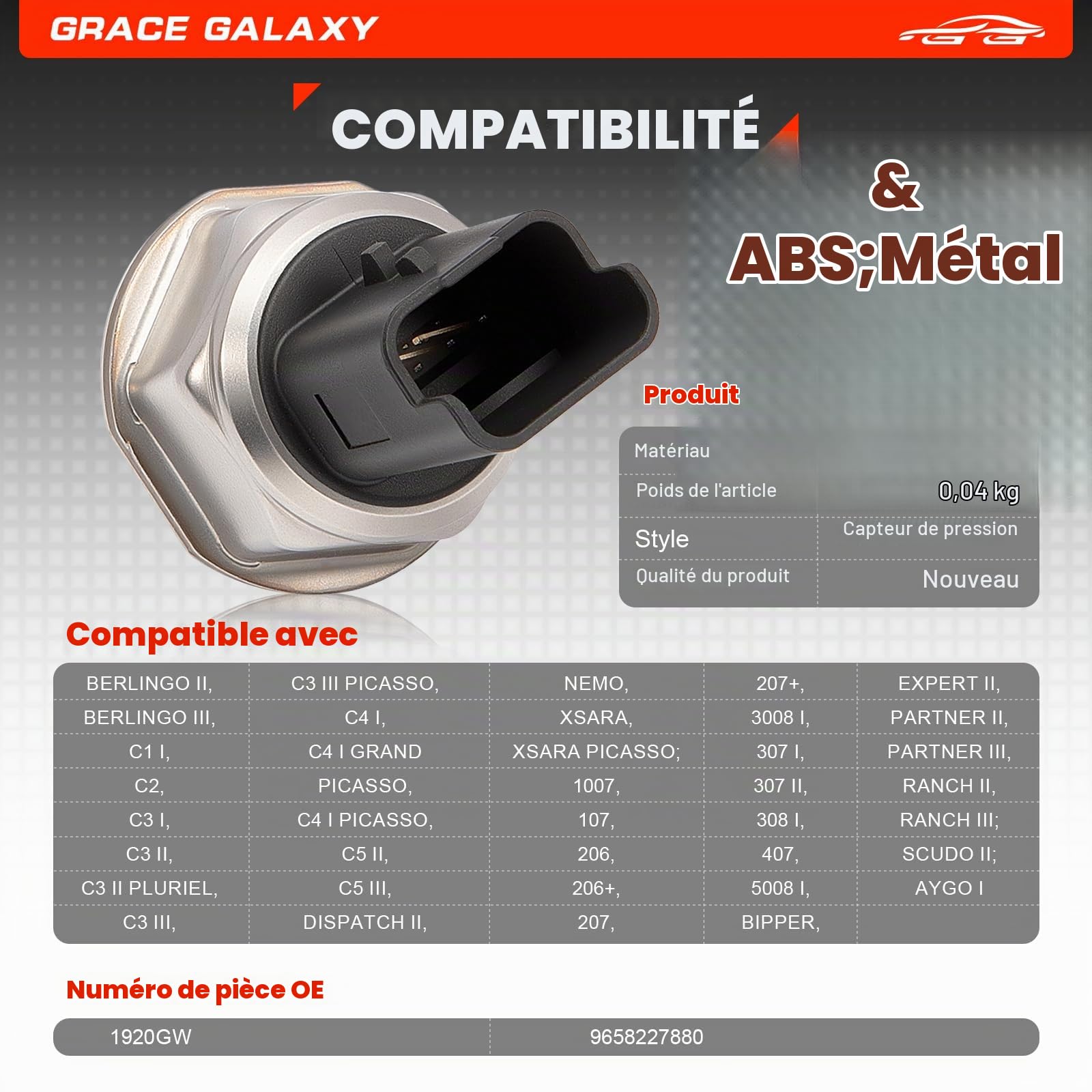 GraceGalaxy Capteur de Pression de Carburant pour C1 C2 C3 C4 C5 Dispatch Nemo Xsara Picasso, 107 1007 206 207 3008 307 308 407 5008 Bipper Expert Partner 9658227880 1920GW 1,4 L 1,6 L HDI