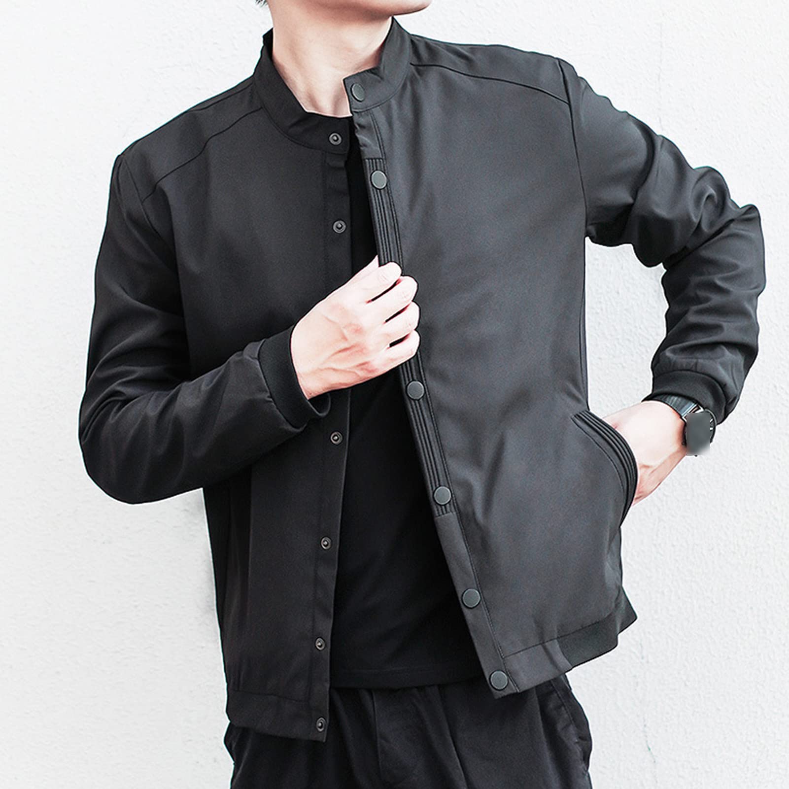 Maiyifu-GJ Men's Button Front Cardigan Jacket Stand Collar Vintage Spring Jackets Lightweight Winter Solid Softshell Coat (Black 1,Medium)