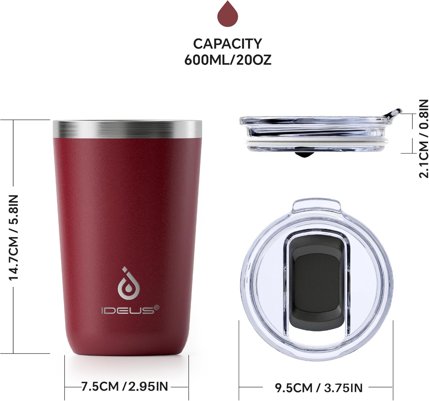 Ideus 20 oz Tumbler, Travel Coffee Mug with Splash Proof Sliding Lid, Double Wall Stainless Steel Vacuum Insulated Coffee Mug for Home and Office, Keep Beverages Hot or Cold, Blood Red - Image 6