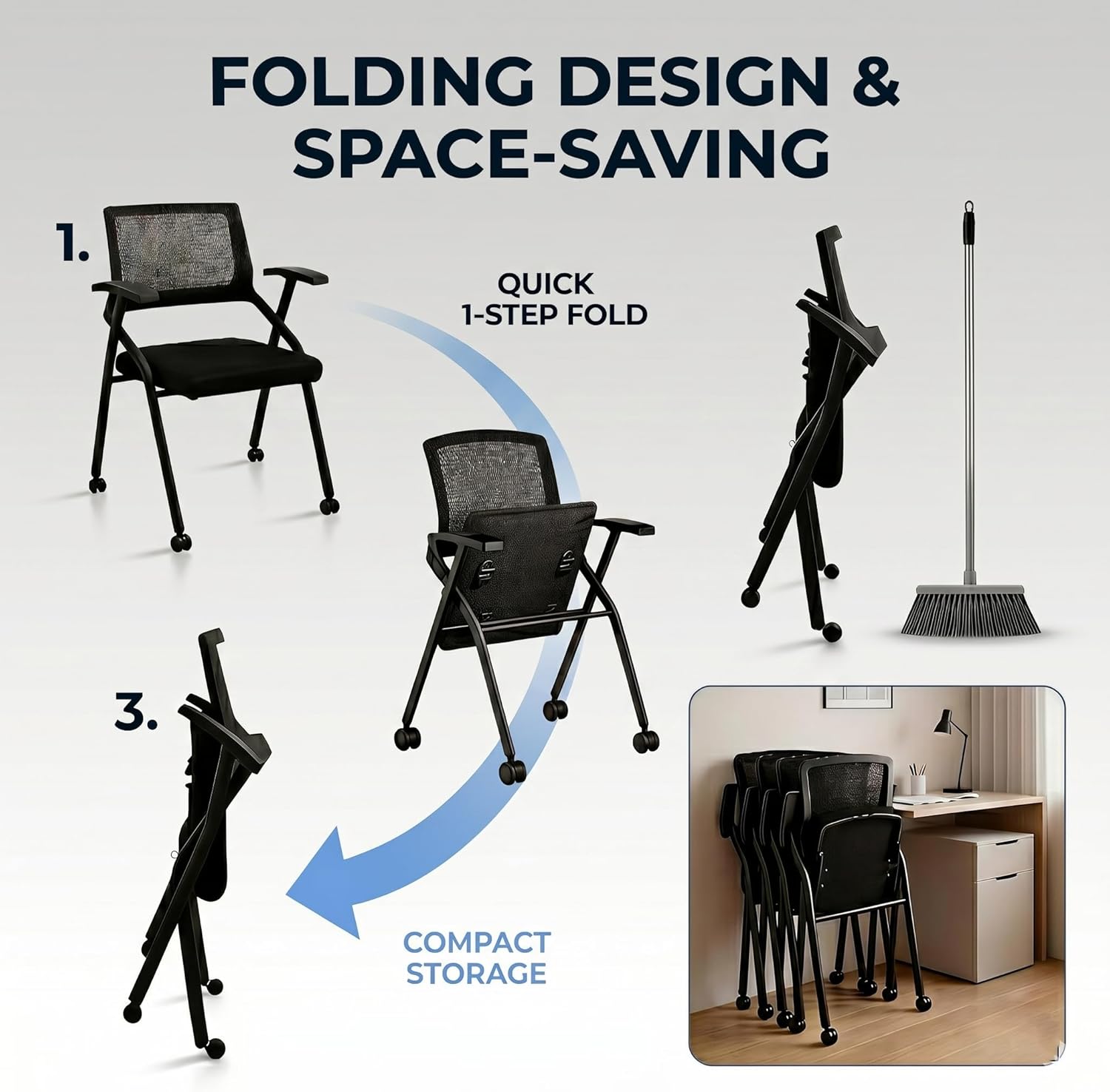 [10 Pack] Folding Office Chair with Wheels,Rolling Heavy Duty Conference Room Chairs with Mesh Back, Nesting Training Chair for Meeting Guest Reception Home Office Seating (10, with Wheels)
